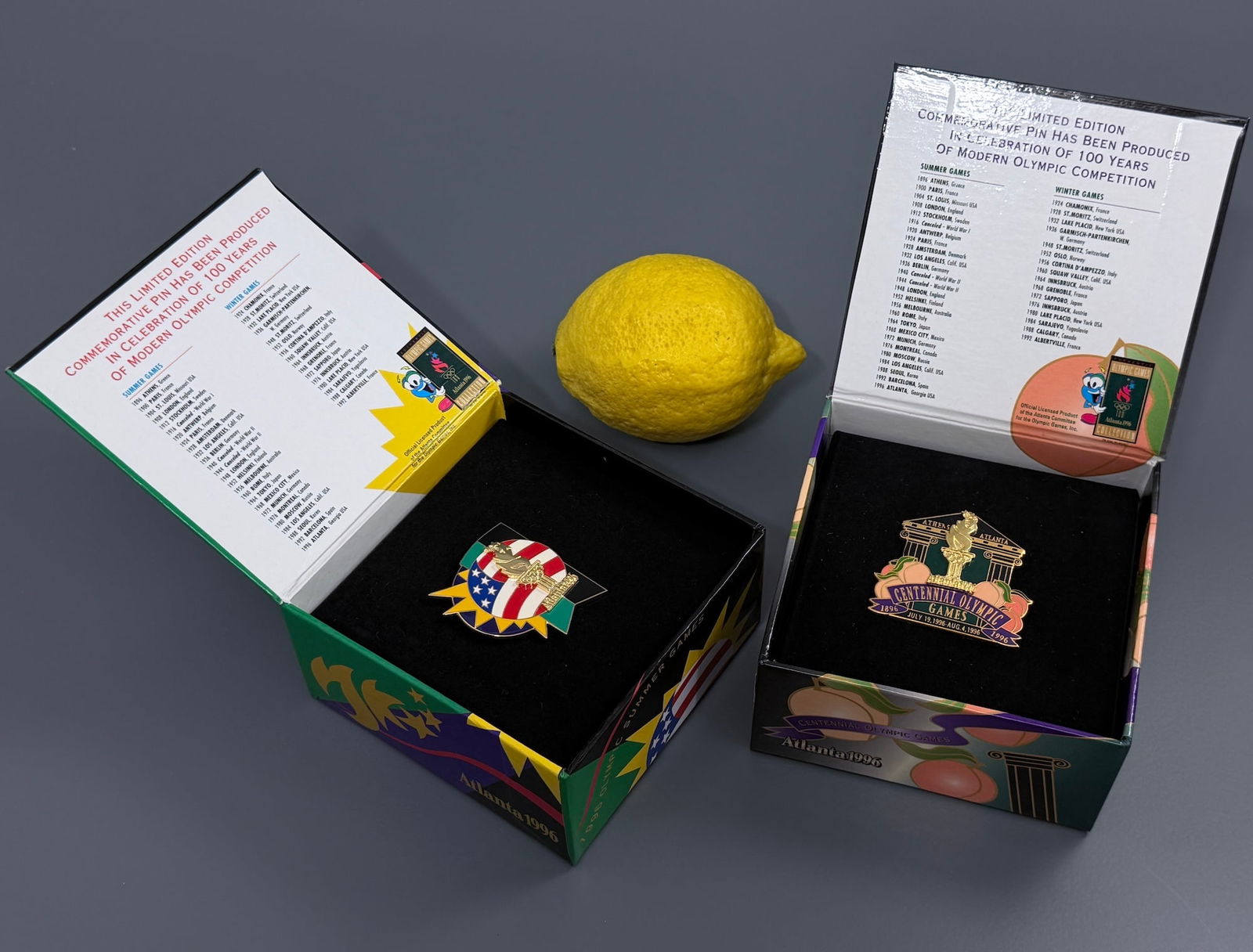 Atlanta 1996 Centennial Olympic Games Limited Edition Boxed Pins XXVI Olympiad Memorabilia: Atlanta 1996 Centennial Olympic Games Limited Edition Boxed Pins XXVI Olympiad Memorabilia