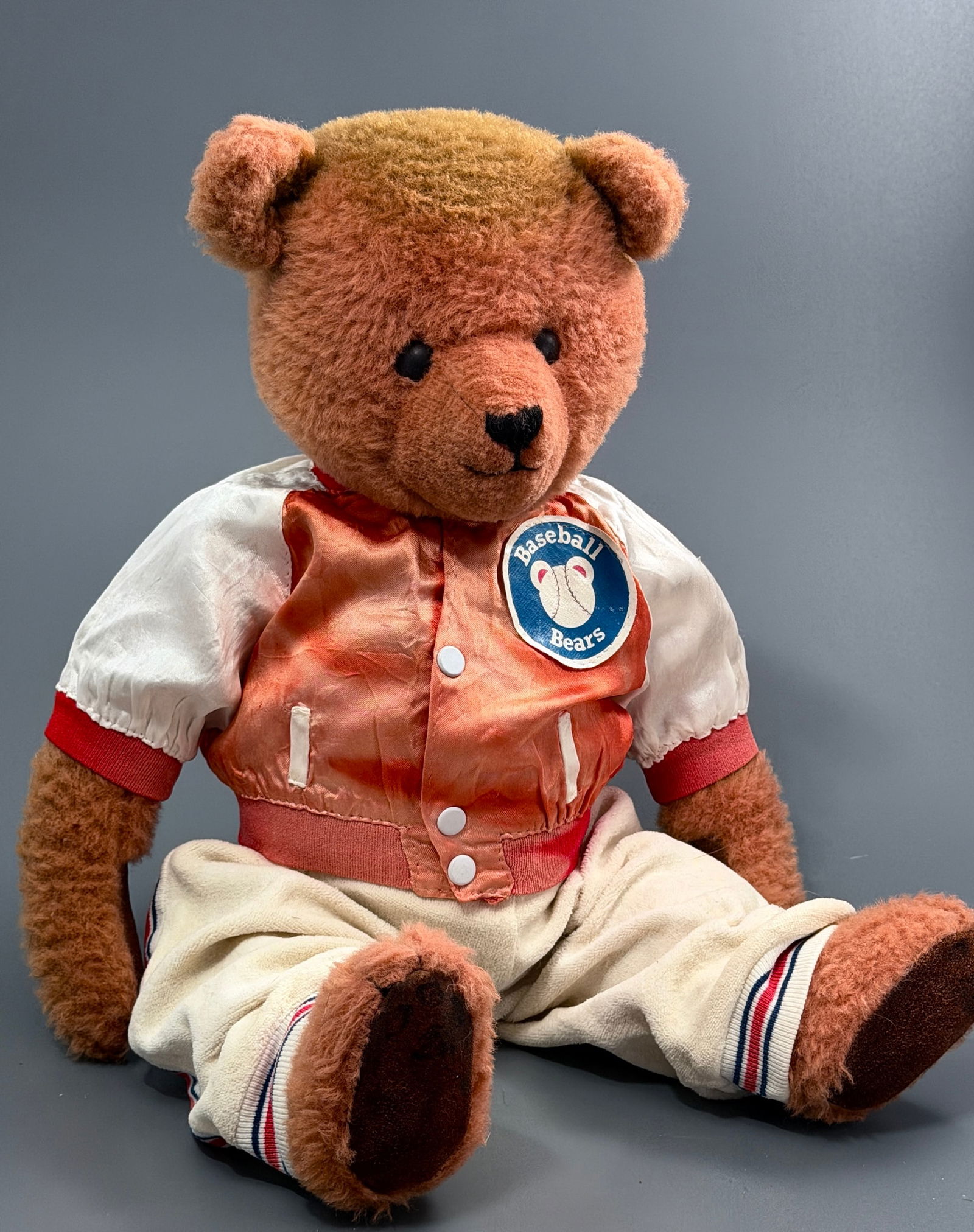 Vintage Baseball Teddy Bear wearing a white and orange baseball uniform with a Baseball Bear s (1 of 9)