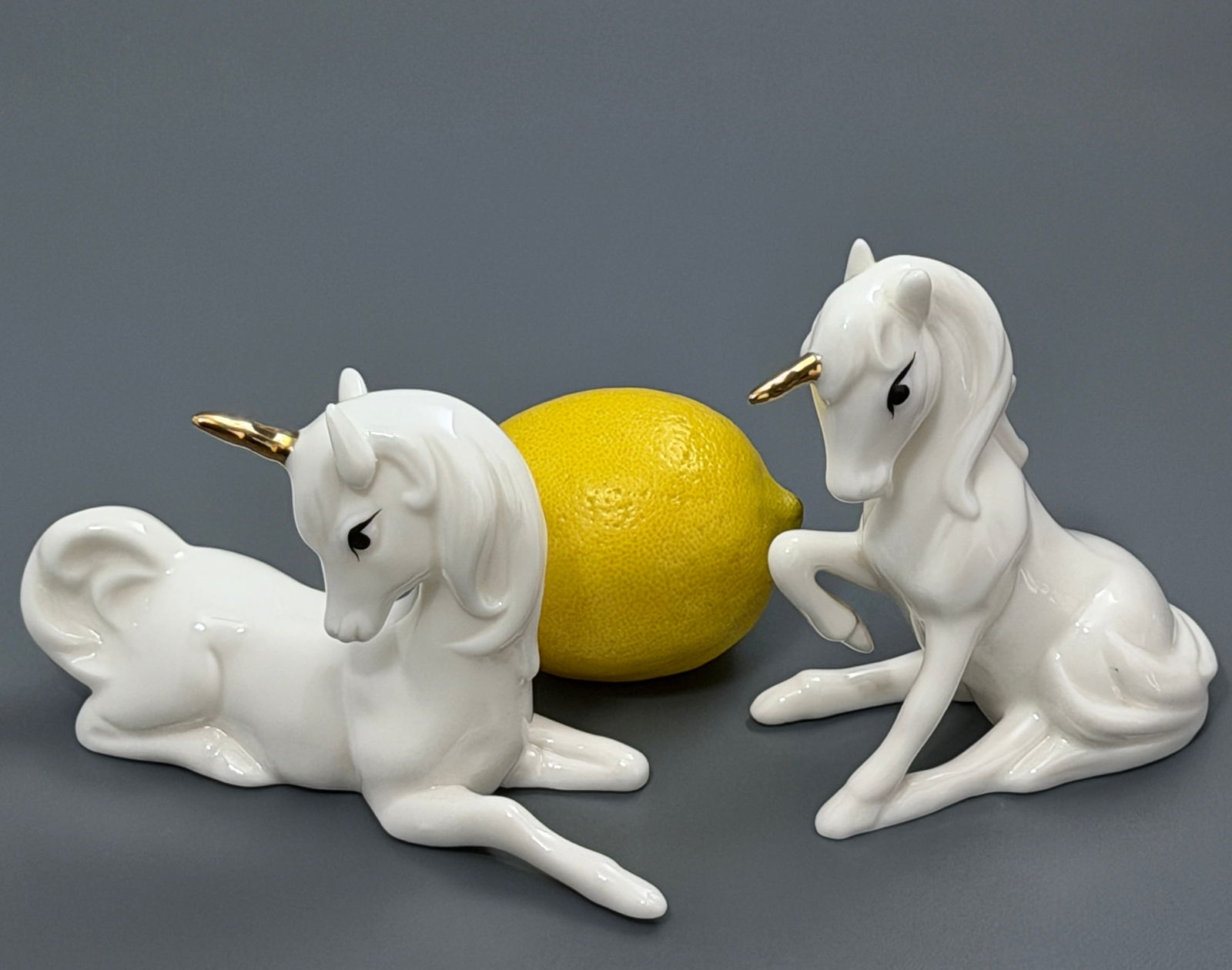 Enesco Unicorn 1980s Kitsch Decor Pair of White Glazed Porcelain Figurines with Gold Horns (1 of 5)