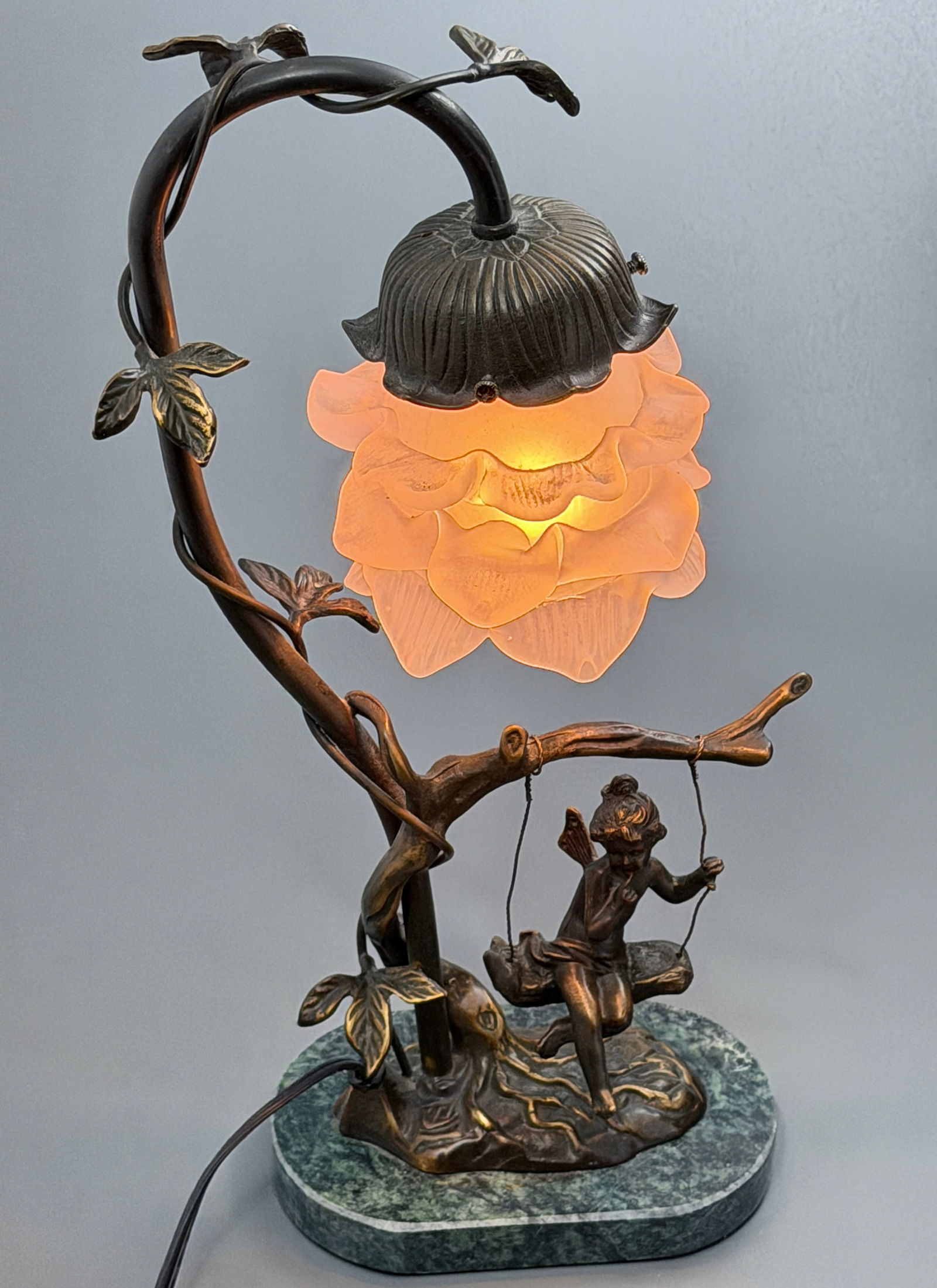 Fairy on Swing Boudoir Table Lamp with Glass Shade Vintage 1980s Decor: Fairy on Swing Boudoir Table Lamp with Glass Shade Vintage 1980s Decor