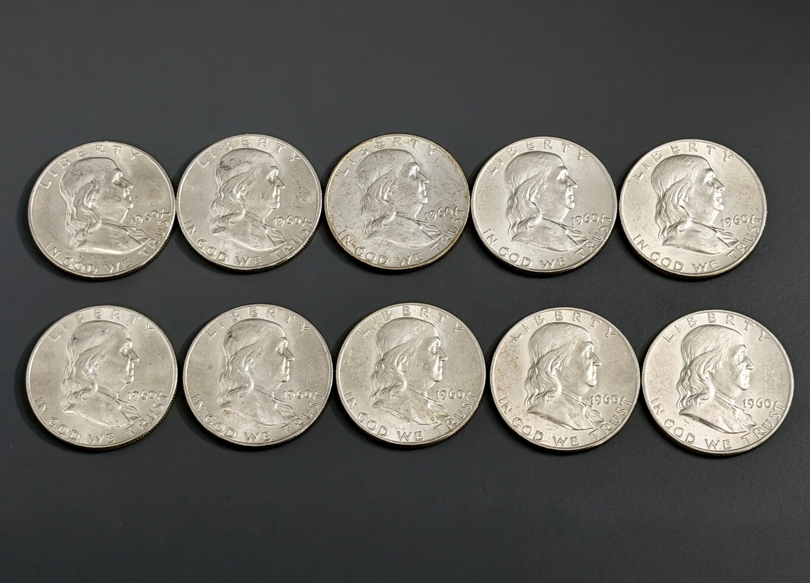Franklin Half Dollars 90% Silver Lot of 10 Collectable Coins Total Weight Approximately 125 Grams or (1 of 4)