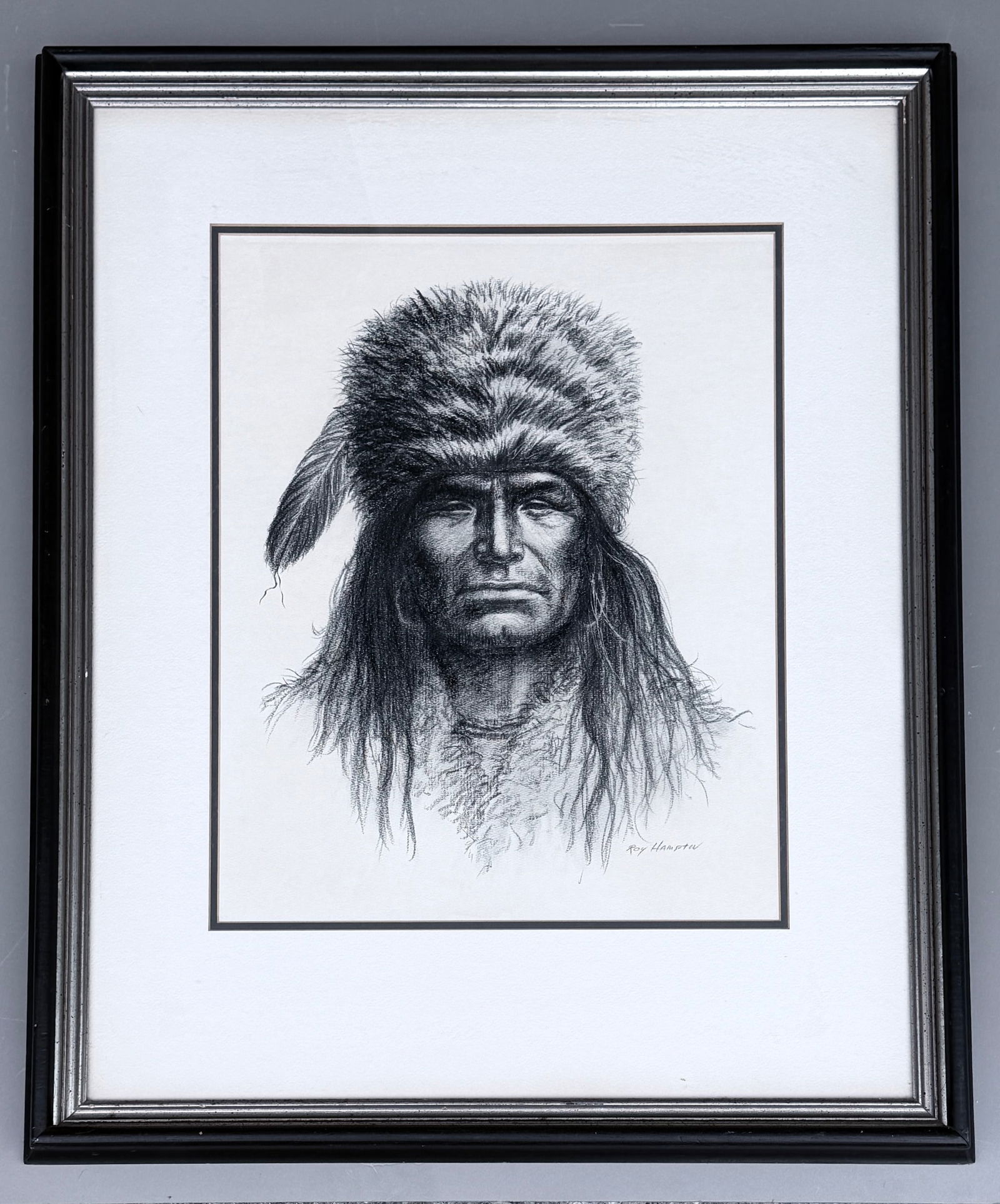 Roy Hampton Charcoal Pencil Portrait of Fess Parker as Davy Crockett Wearing Coonskin Cap Possibly (1 of 7)