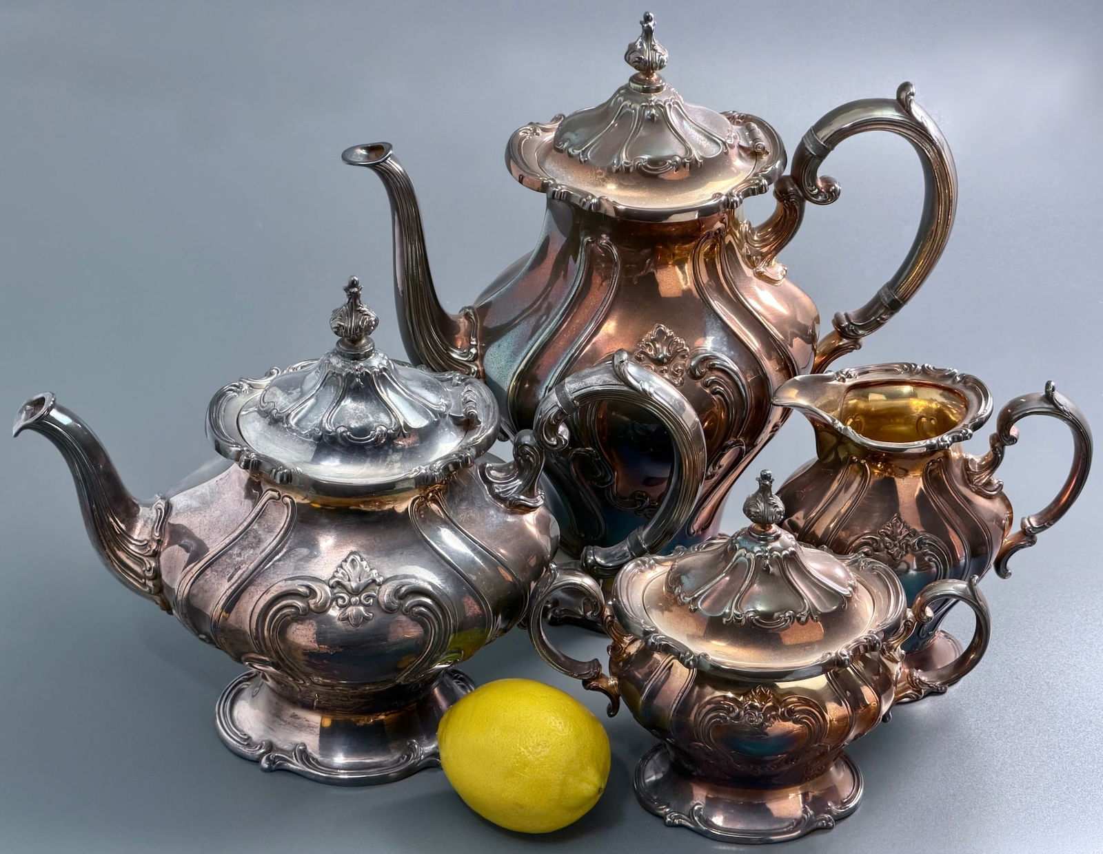 Vintage Gorham Silverplate Tea Coffee Service Set Chantilly Pattern includes a coffee pot, teapot, (1 of 6)