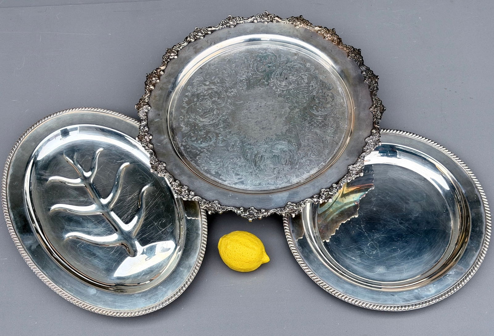 Rotating Etched Serving Round Pedestal Tray Together with Footed Tree Well Platter & Gadroon Edged (1 of 8)