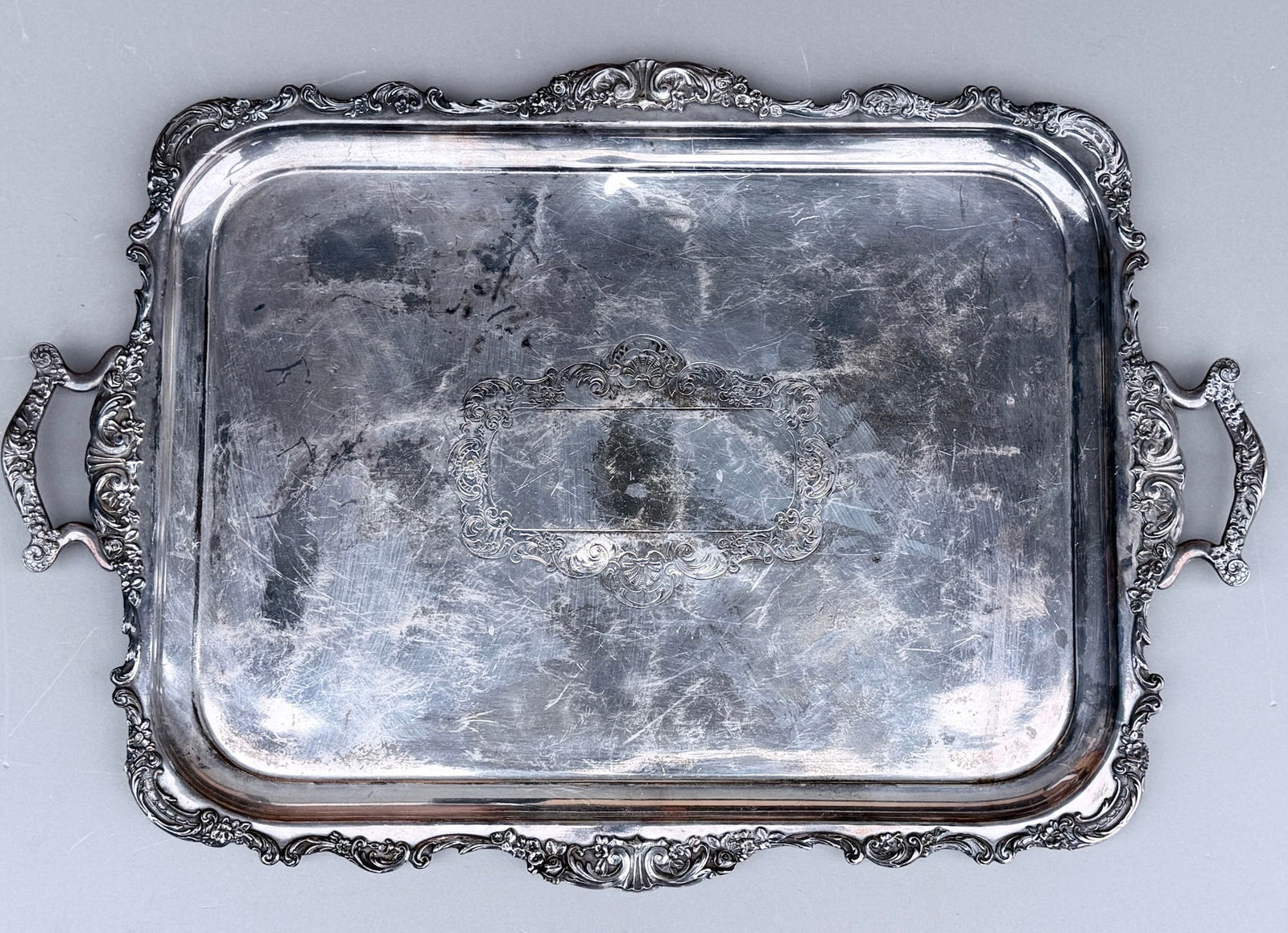 Antique Silver Plated Cartouche Serving Tray with Scrolled Handles (1 of 6)