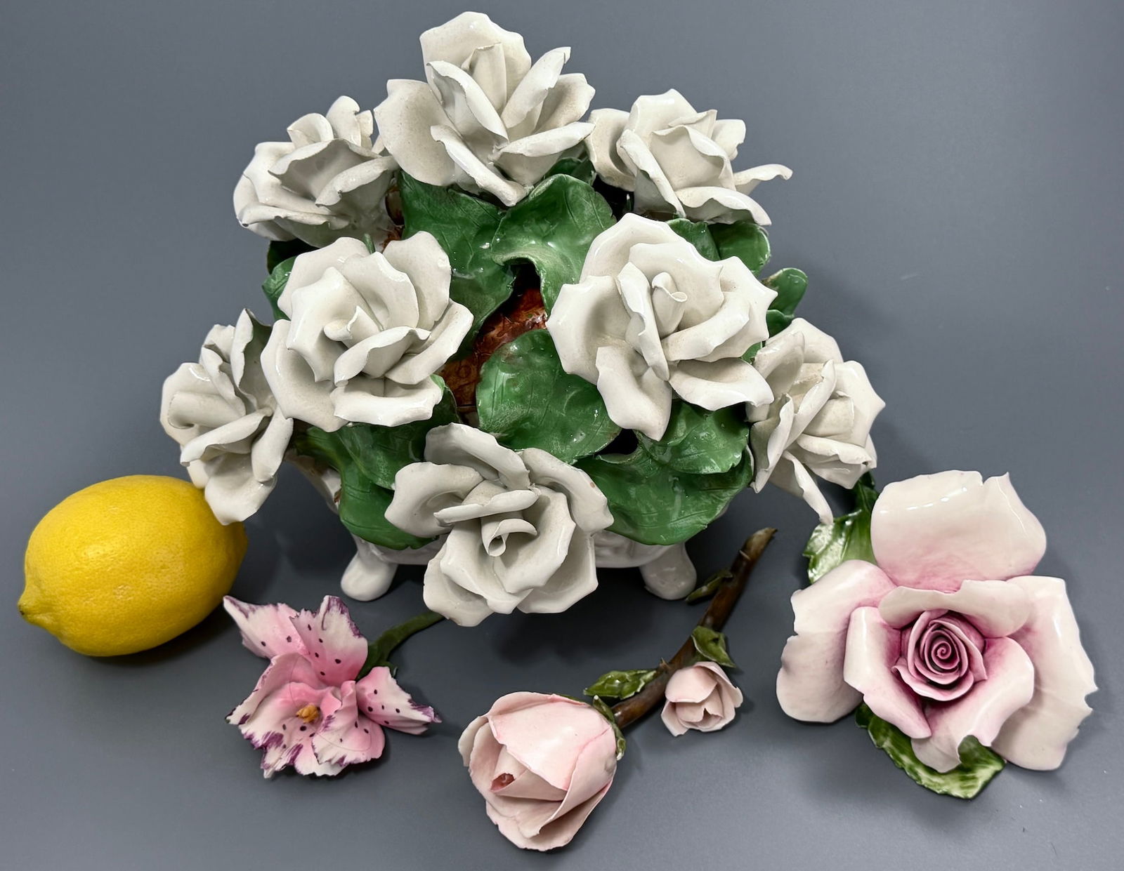 Vintage Mid Century Italian Pottery Flowers from Various Makers including Capodimonte: Vintage Mid Century Italian Pottery Flowers from Various Makers including Capodimonte