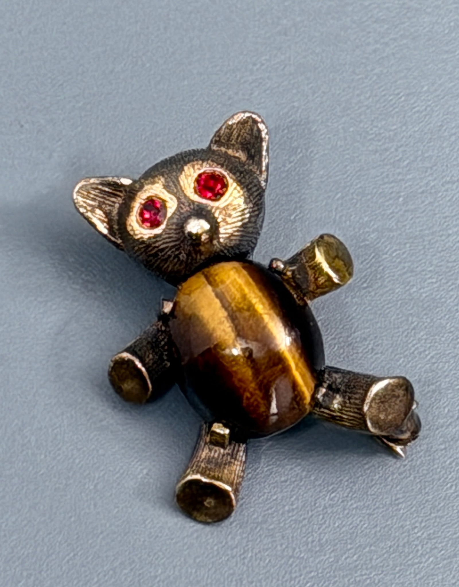 Vintage 1960s Sterling Silver Pin Brooch Designed by Karen Lynne for Charles Rothman Jelly Belly: Vintage 1960s Sterling Silver Pin Brooch Designed by Karen Lynne for Charles Rothman Jelly Belly Tiger Eye Cabochon Teddy Bear Marked KL and STERLING