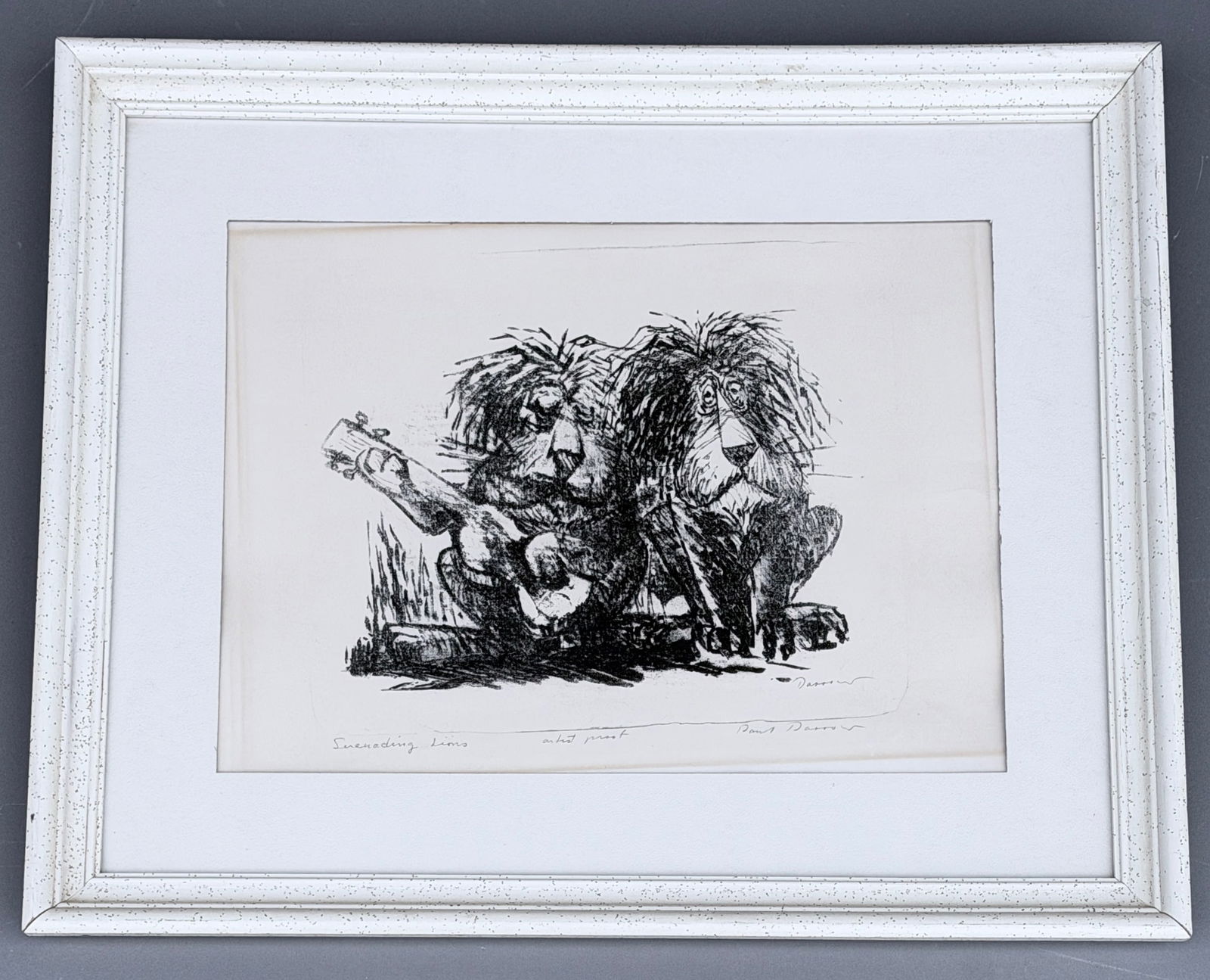 Framed Print Serenading Lions by Californian Artist Paul Darrow 1921-2019: Framed Print Serenading Lions by Californian Artist Paul Darrow 1921-2019 Paul Darrow 1921-2019 Californian Artist, Scripps College and the Claremont Graduate School professor where he taught for 37 y