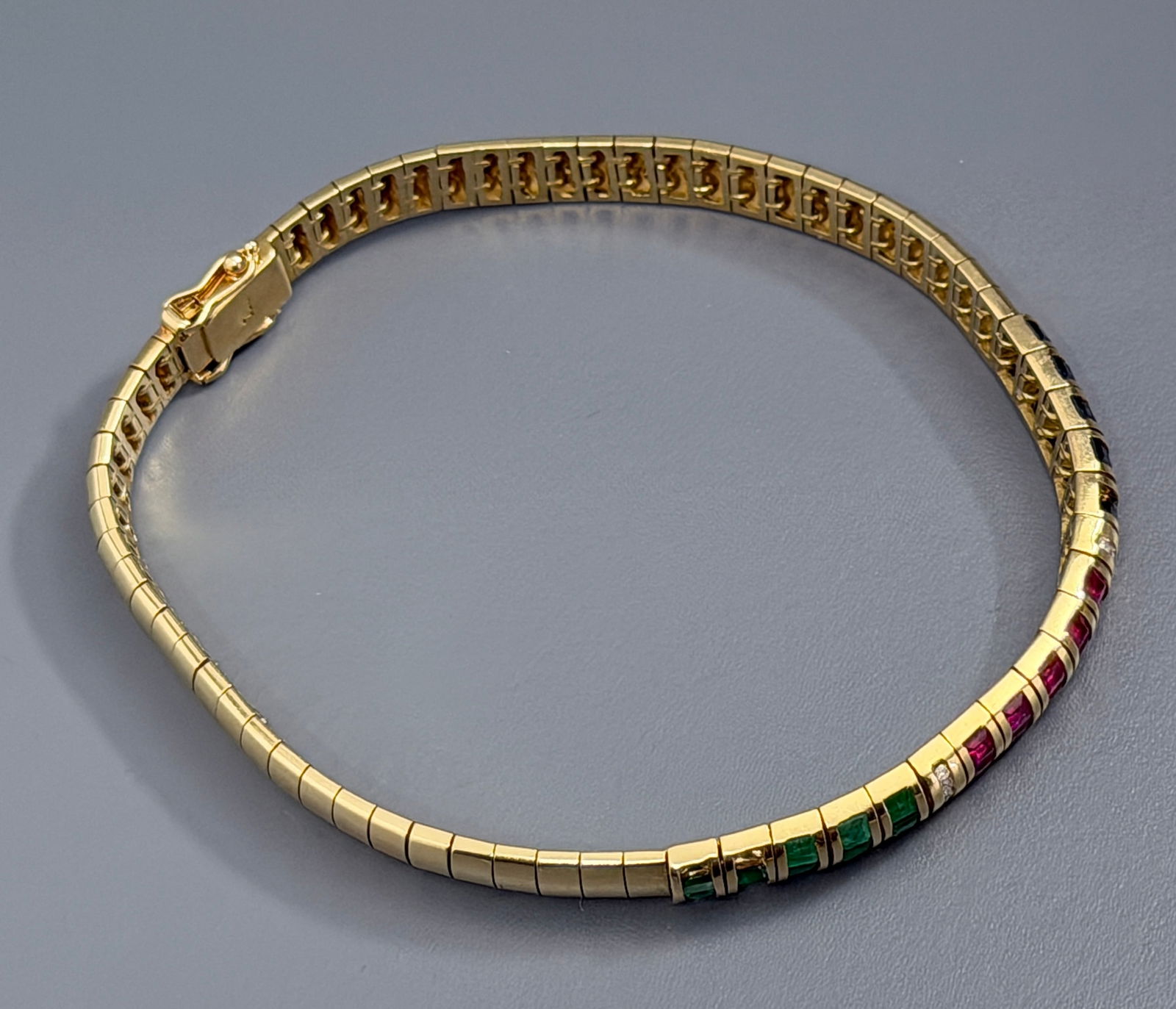 Retro Italian Art Deco Egyptian Style Natural Diamonds Emeralds Ruby Sapphire Bracelet Marked 750: Retro Italian Art Deco Egyptian Style Natural Diamonds Emeralds Ruby Sapphire Bracelet Marked 750 European Gold Purity Standard for 18K Gold Losses Sold As Is