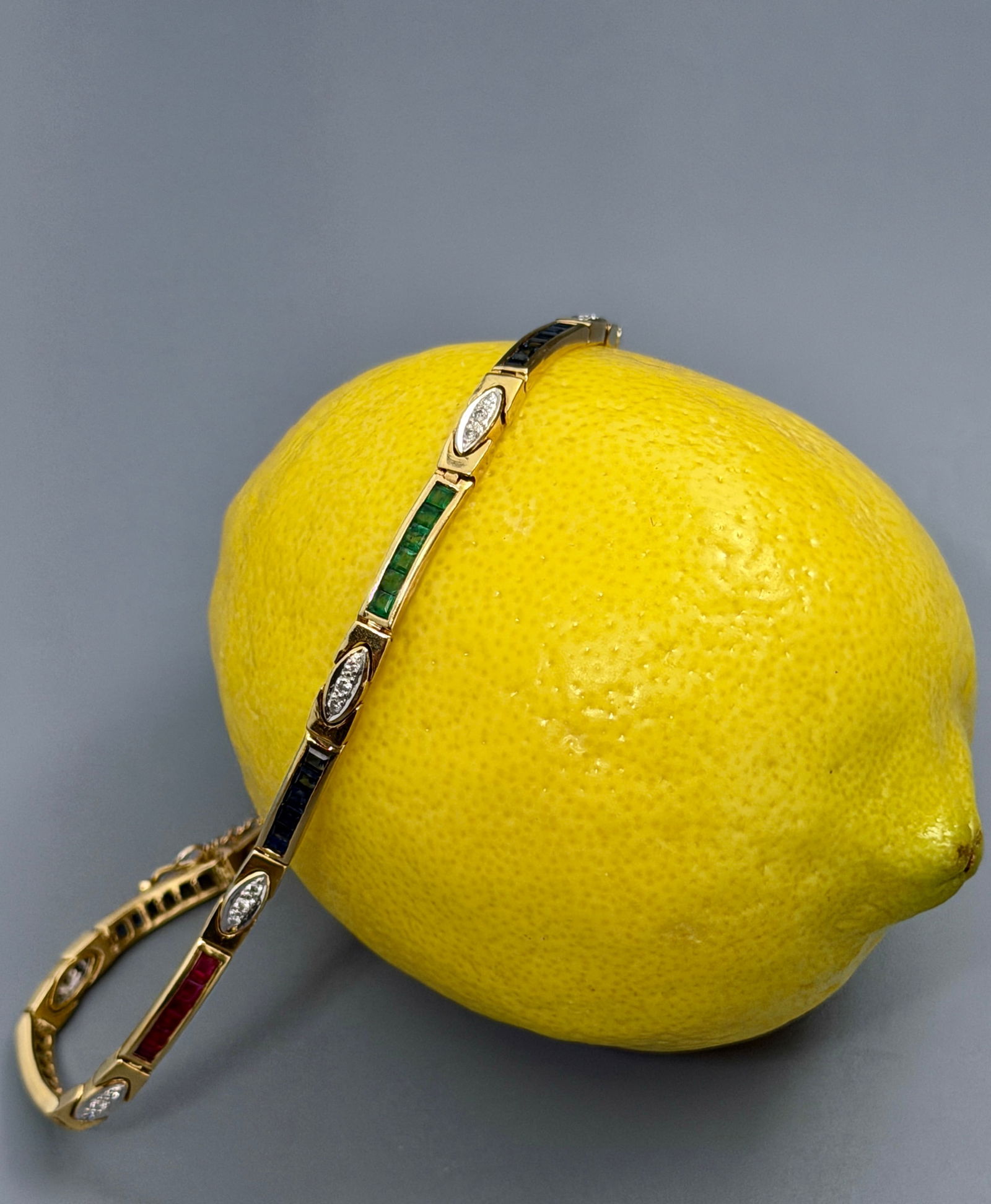 Vintage 18K Gold Retro Diamond Gemstone Link Bracelet Featuring Chanel Set Square Cut Natural Rubies: Vintage 18K Gold Retro Diamond Gemstone Link Bracelet Featuring Chanel Set Square Cut Natural Rubies Sapphires & Emeralds