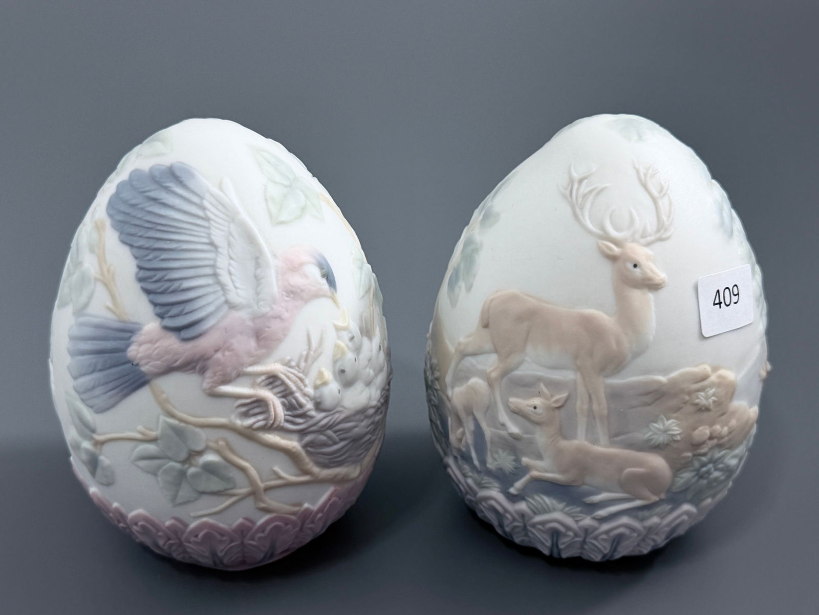 Lladro Signed Porcelain Easter Eggs Lladro 16083 Bird 1993 Egg and Lladro 17550 Deer 1996 Egg Lot of (1 of 3)