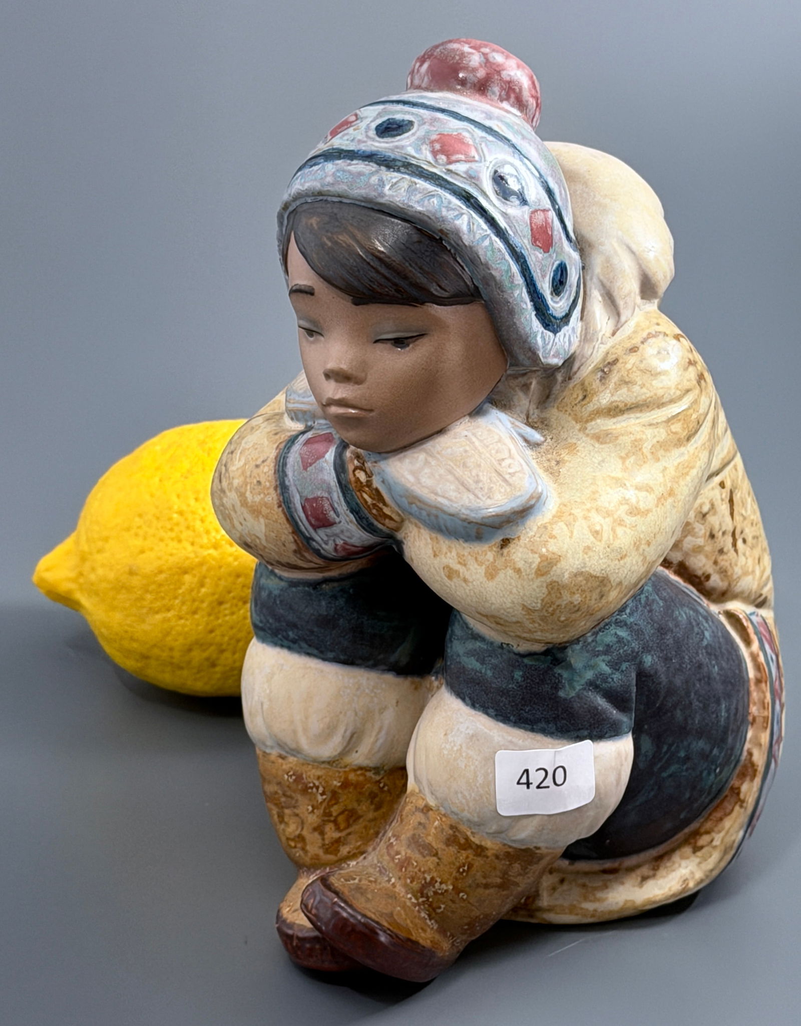 Lladro 5129 Nino Esquimal Pensativo Figurine Eskimo Inuit Boy Gres Finish Porcelain: Lladro 5129 Nino Esquimal Pensativo Figurine Eskimo Inuit Boy Gres Finish Porcelain