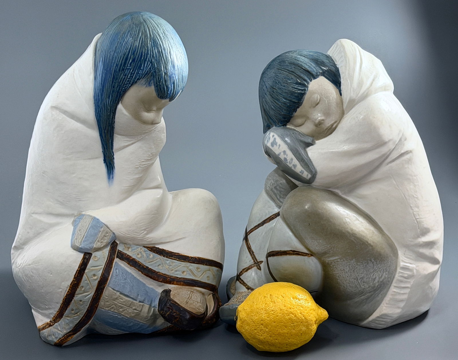 Lladro Inuit Arctic Collection Eskimo Girl Item #12008 Nina Esquimal Blanco and Eskimo Boy Item: Lladro Inuit Arctic Collection Eskimo Girl Item #12008 Nina Esquimal Blanco and Eskimo Boy Item #12007 Nino Esquimal Blanco Lot of 2 Large Porcelain Figurines