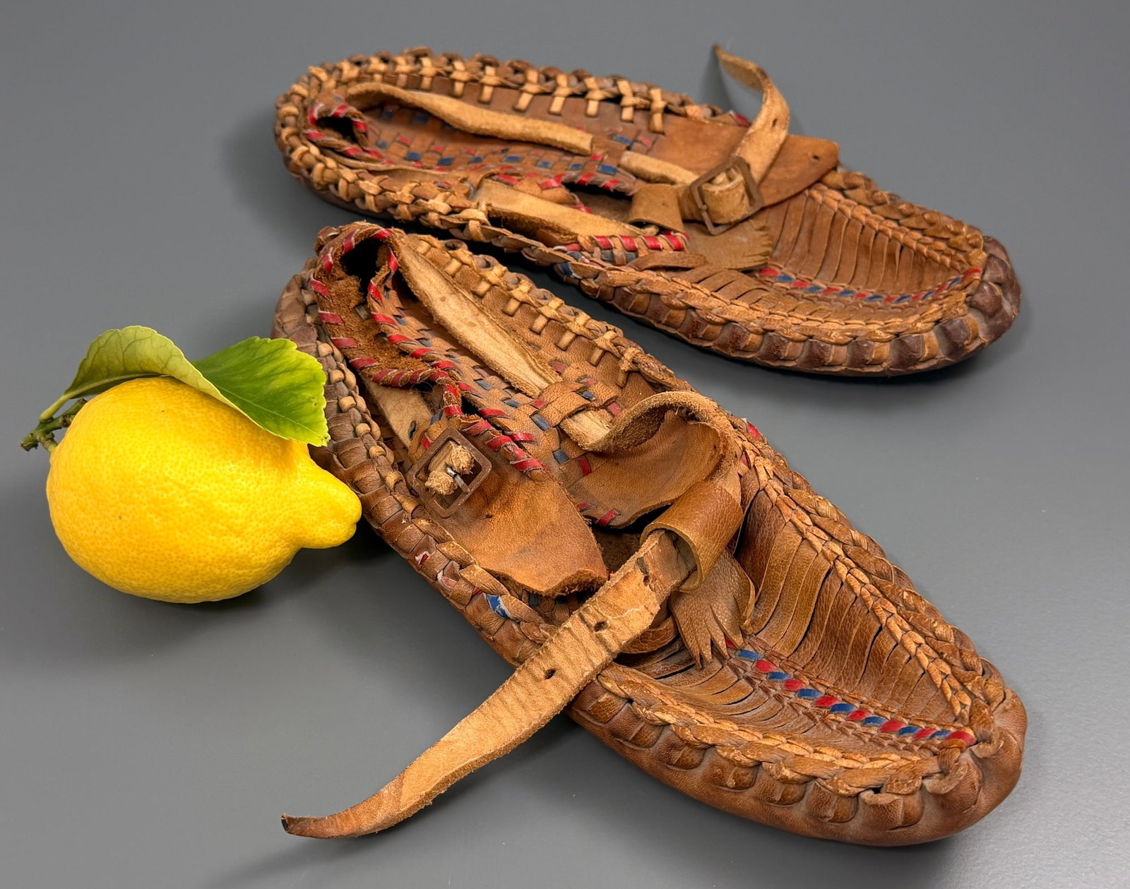 Pair of Vintage Opanci or Mocasines Hand Made Leather Shoes: Pair of Vintage Opanci or Mocasines Hand Made Leather Shoes The sole measures approximately 9 3/4 inches, marked as size 36 approximately size 5.5 or 6 US.