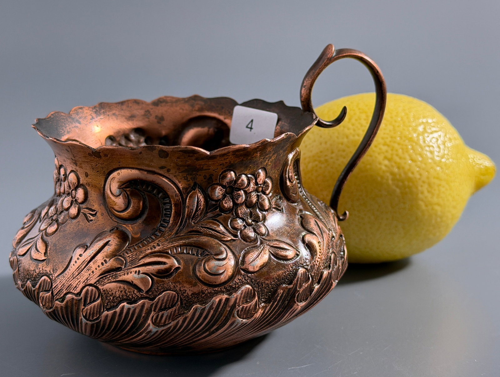 Antique Floral Repousse Foliage Copper Holloware Mug Derby Silver Company c.1880: Antique Floral Repousse Foliage Copper Holloware Mug Derby Silver Company c.1880 Approximately 4 1/4 x 4 x 2 1/2 inches tall without the handle.