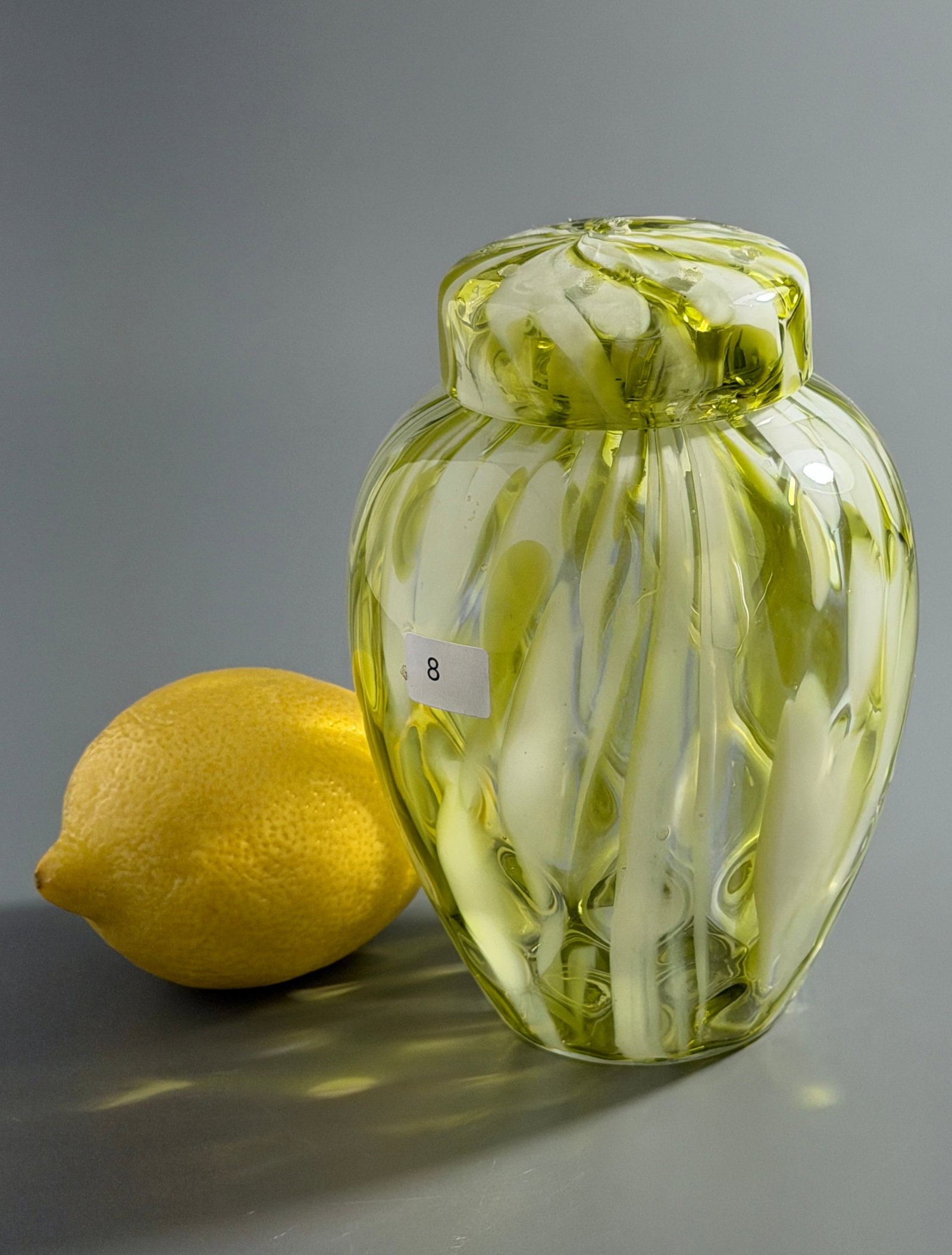 Vaselene Green Opaque White Potpourri Apothecary Jar Pontil Blown Swirl Pattern Art Glass Circa: Vaselene Green Opaque White Potpourri Apothecary Jar Pontil Blown Swirl Pattern Art Glass Circa 1960s Attributed to Cristalleria Artistica Toscana Italy Approximately 5 3/4 inches tall.