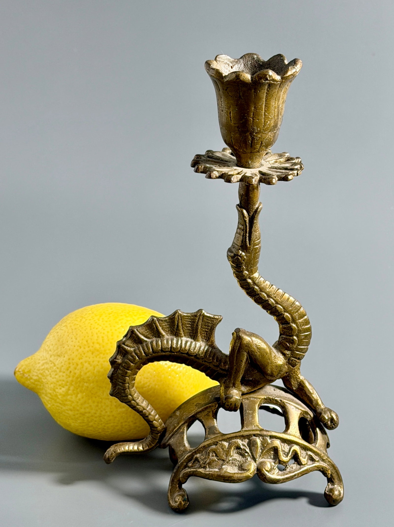 Antique French Gothic Revival Brass Dragon Chamberstick Mythological Creature Candleholder (1 of 5)