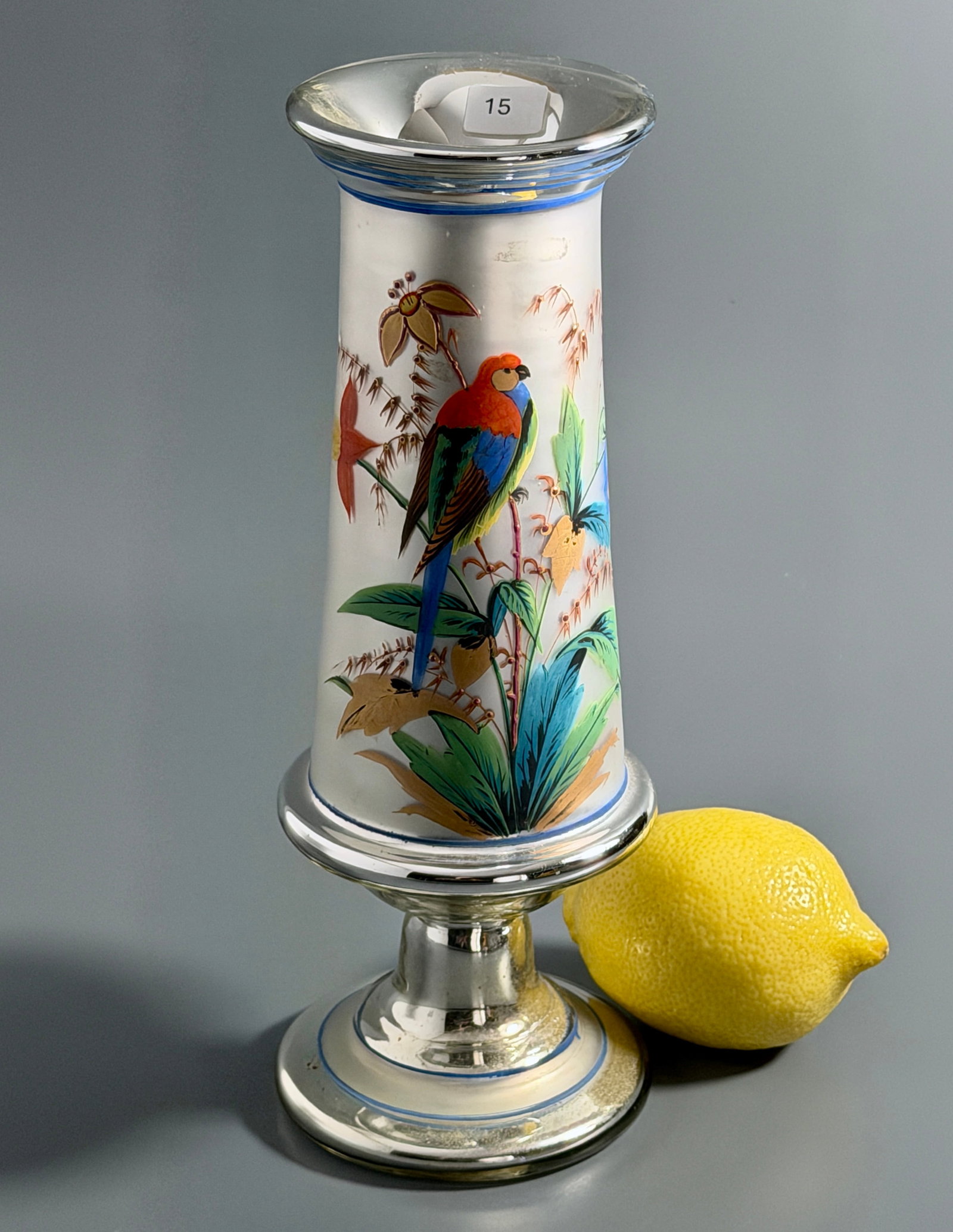 Antique Mercury Glass Parrot Parakeet Enamel Painted Vase (1 of 6)