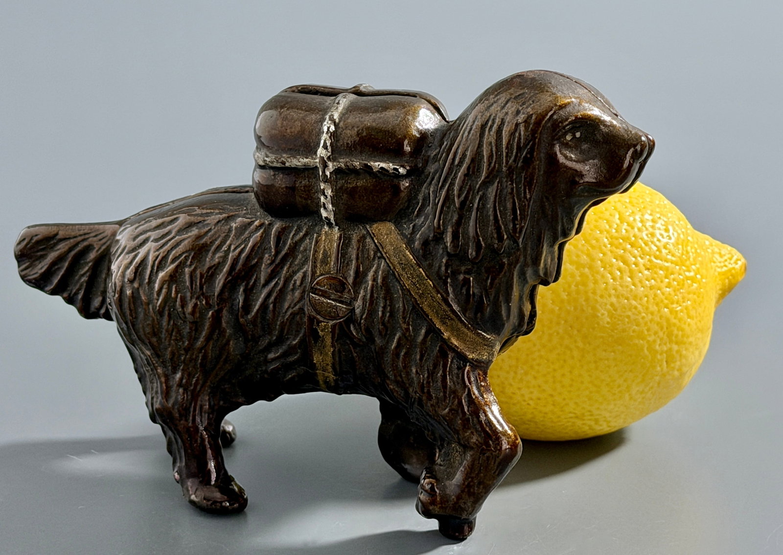 St. Bernard Dog Still Bank Original Japanned Finish Circa 1910 A.C. Williams Company Made in USA: St. Bernard Dog Still Bank Original Japanned Finish Circa 1910 A.C. Williams Company Made in USA Approximately 5 5/8 x 1 1/4 x 3 3/4 inches tall.