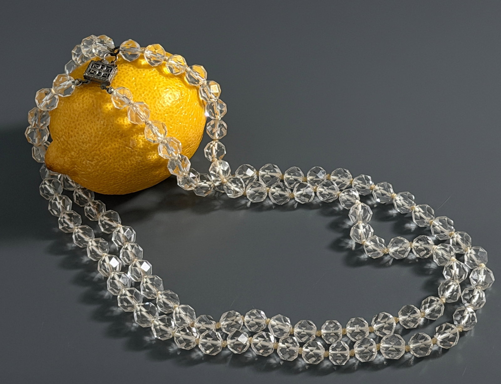 Art Deco Faceted Rock Crystal Quartz Two Strand Necklace Clasp Marked STERLING (1 of 5)