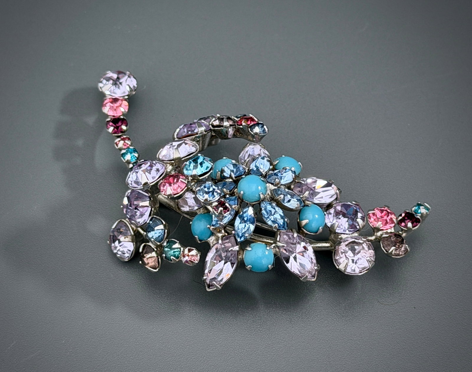 Hattie Carnegie Vintage Rhinestone Faux Turquoise Floral Brooch Pin Mid Century 1950s American (1 of 10)