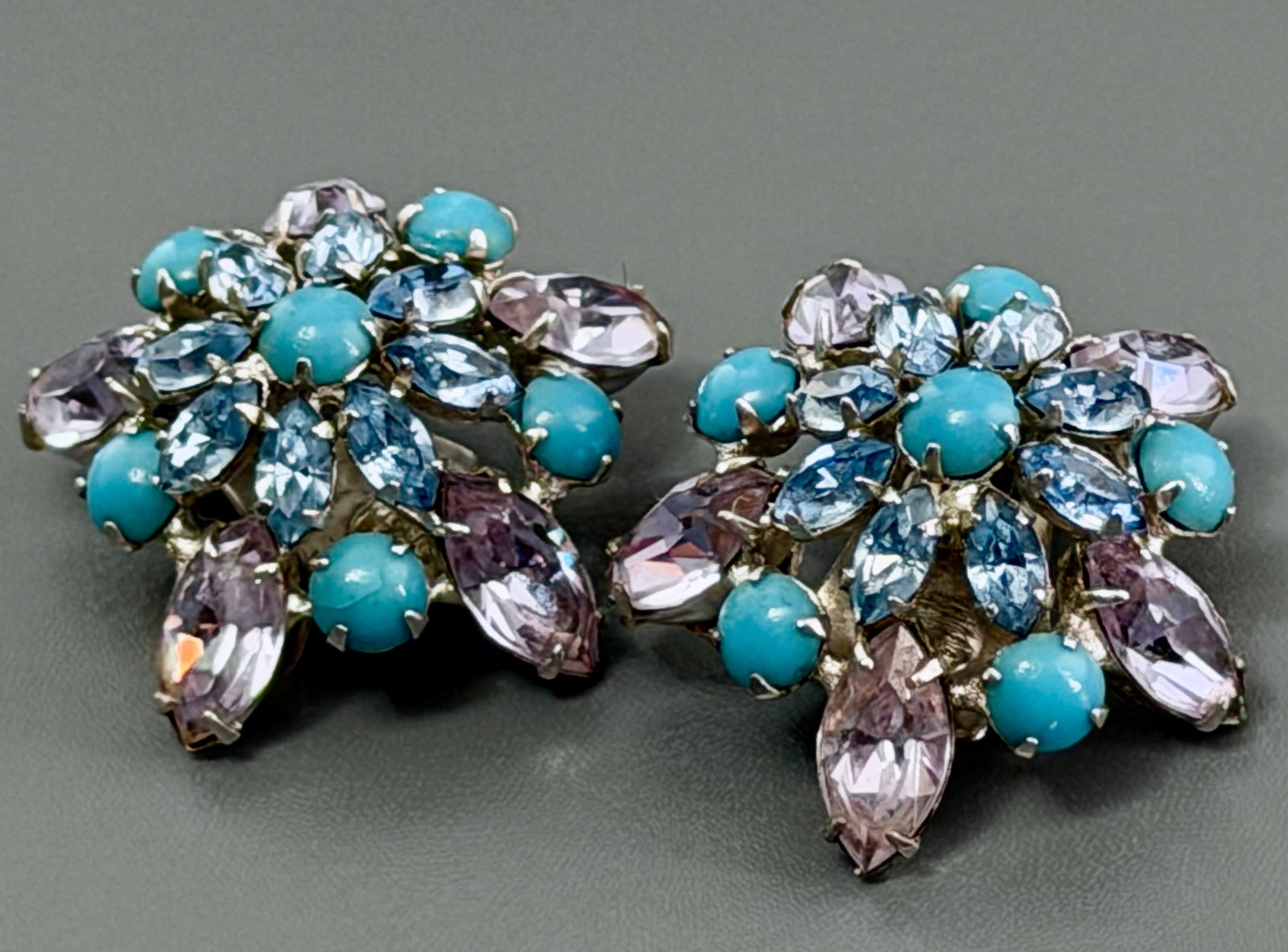 Vintage 1950s Hattie Carnegie Signed Clip On Earrings Faux Turquoise Cabochons Cluster with Faceted (1 of 6)