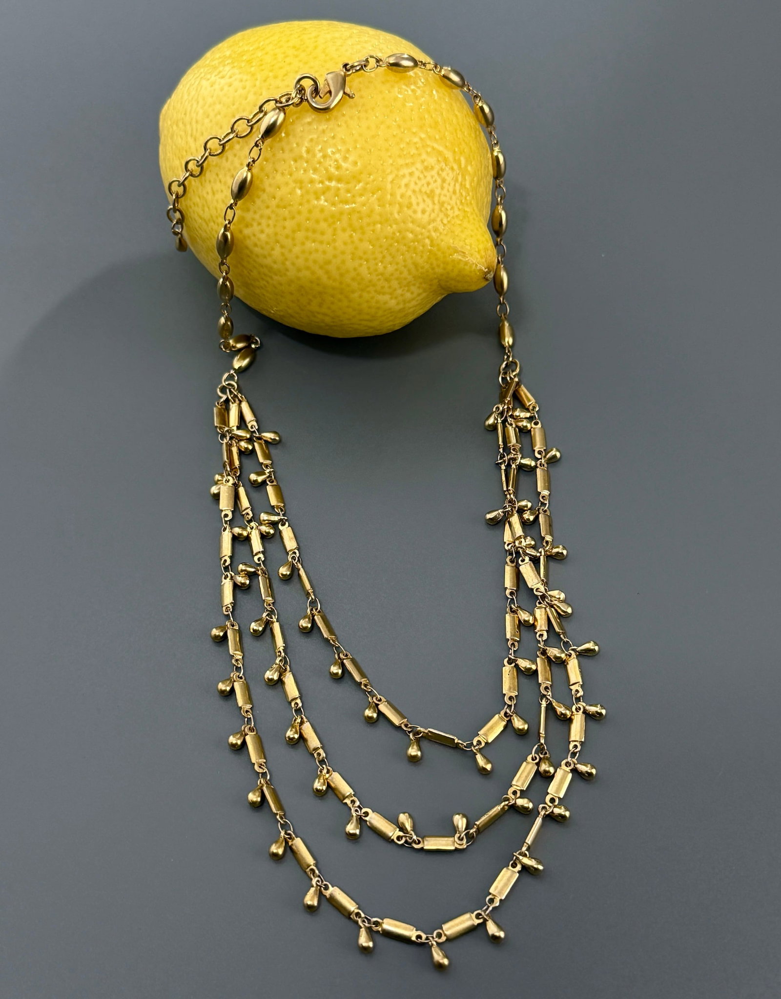 Vintage Gold Tone Drapery Fringe Necklace Three Strand Mid Century Dangling Teardrop Bead Multi (1 of 4)