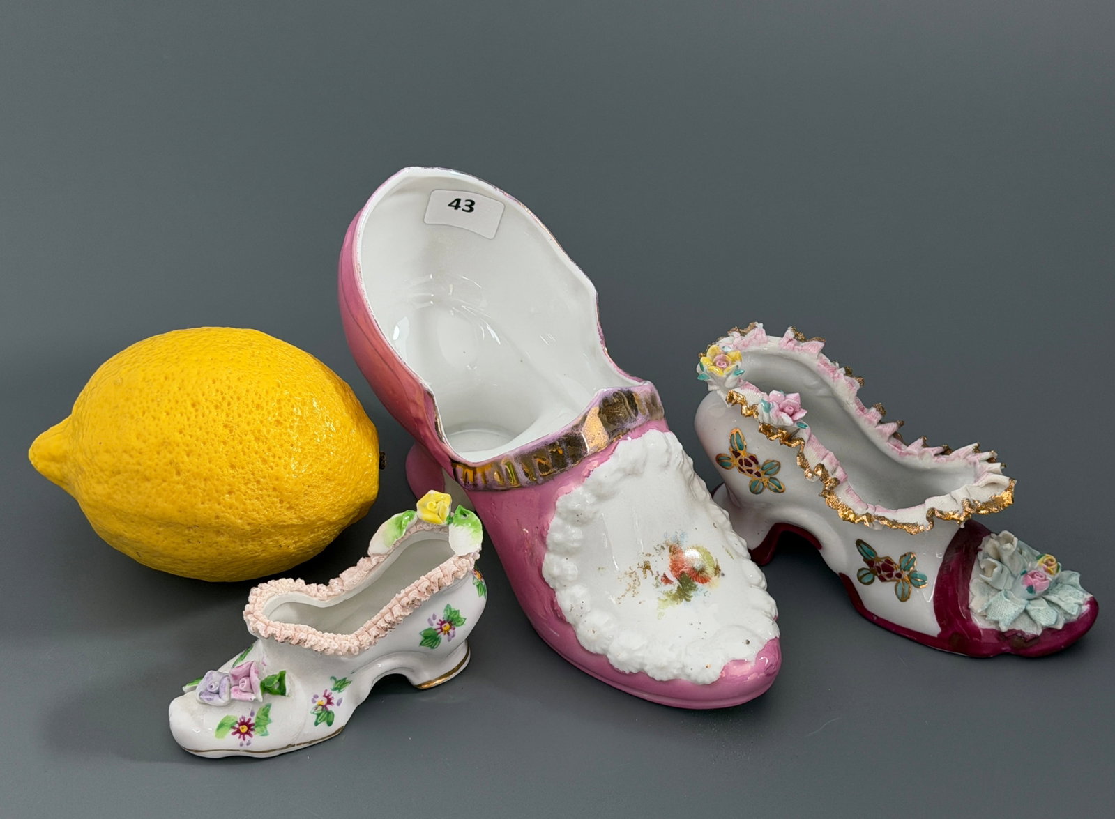 Antique Porcelain Shoe Figurines German Victorian Lot of 3 Victorian Style Lusterware Floral: Antique Porcelain Shoe Figurines German Victorian Lot of 3 Victorian Style Lusterware Floral Porcelain Slippers Large Pink Shoe: Approximately 6 x 2 1/4 x 3 inches tall. Medium Ornate Shoe: Approximat