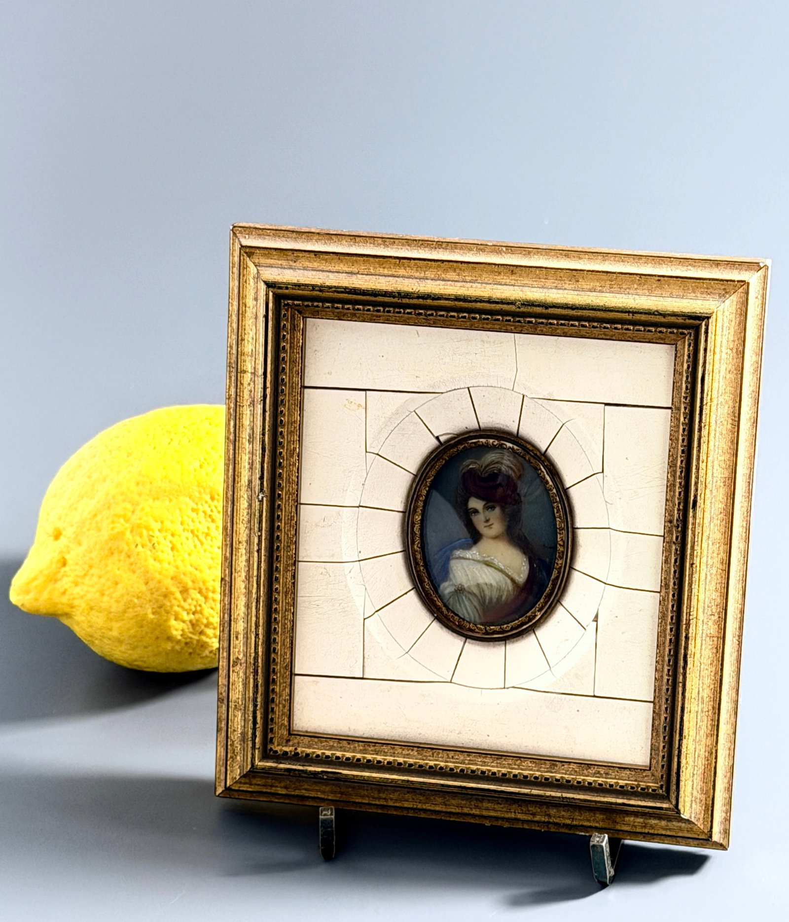 Antique Miniature Portrait Painting Oval Piano Key Frame Double Framed London: The miniature painting measures approximately 1 1/2 x 1 1/8 inches, approximately 4 7/8 x 4 3/8 inches framed.