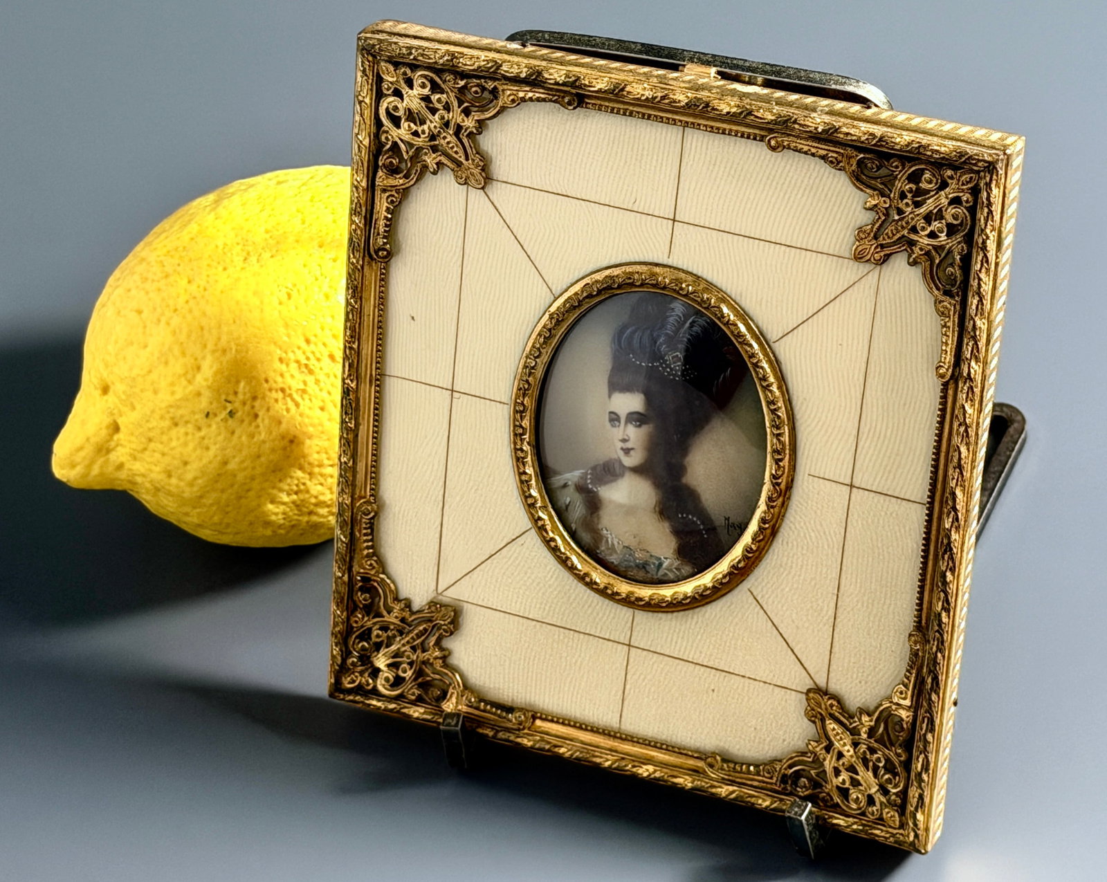 Antique Miniature Portrait Painting Woman Marie Antoinette Signed Piano Key Frame: The miniature painting measures approximately 1 3/4 x 1 1/8 inches, approximately 4 3/8 x 4 inches framed.