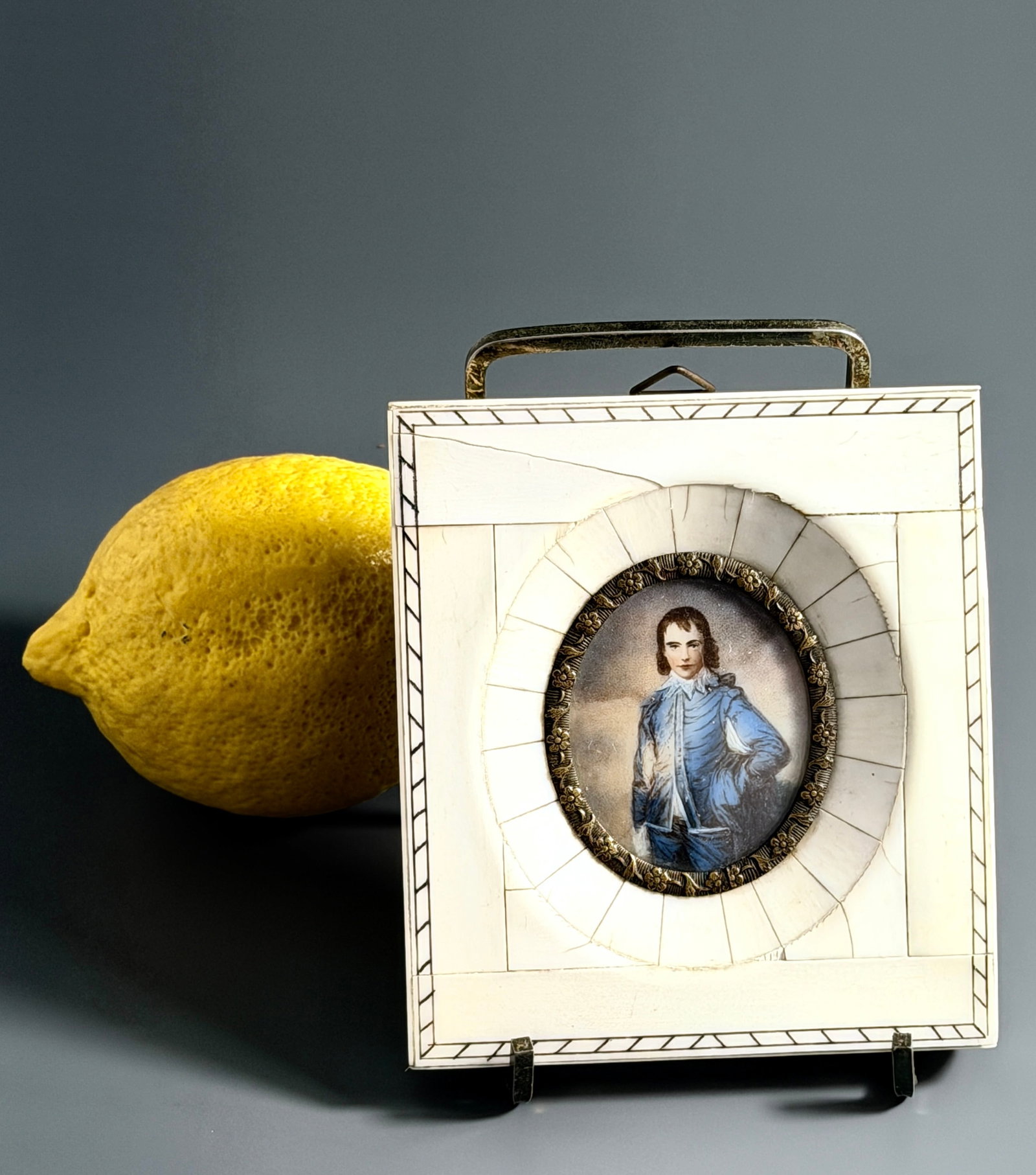 Antique Miniature Portrait Painting Gainsborough The Blue Boy Piano Key Frame: The miniature painting measures approximately 1 3/4 x 1 1/2 inches, approximately 4 x 3 1/2 inches framed.