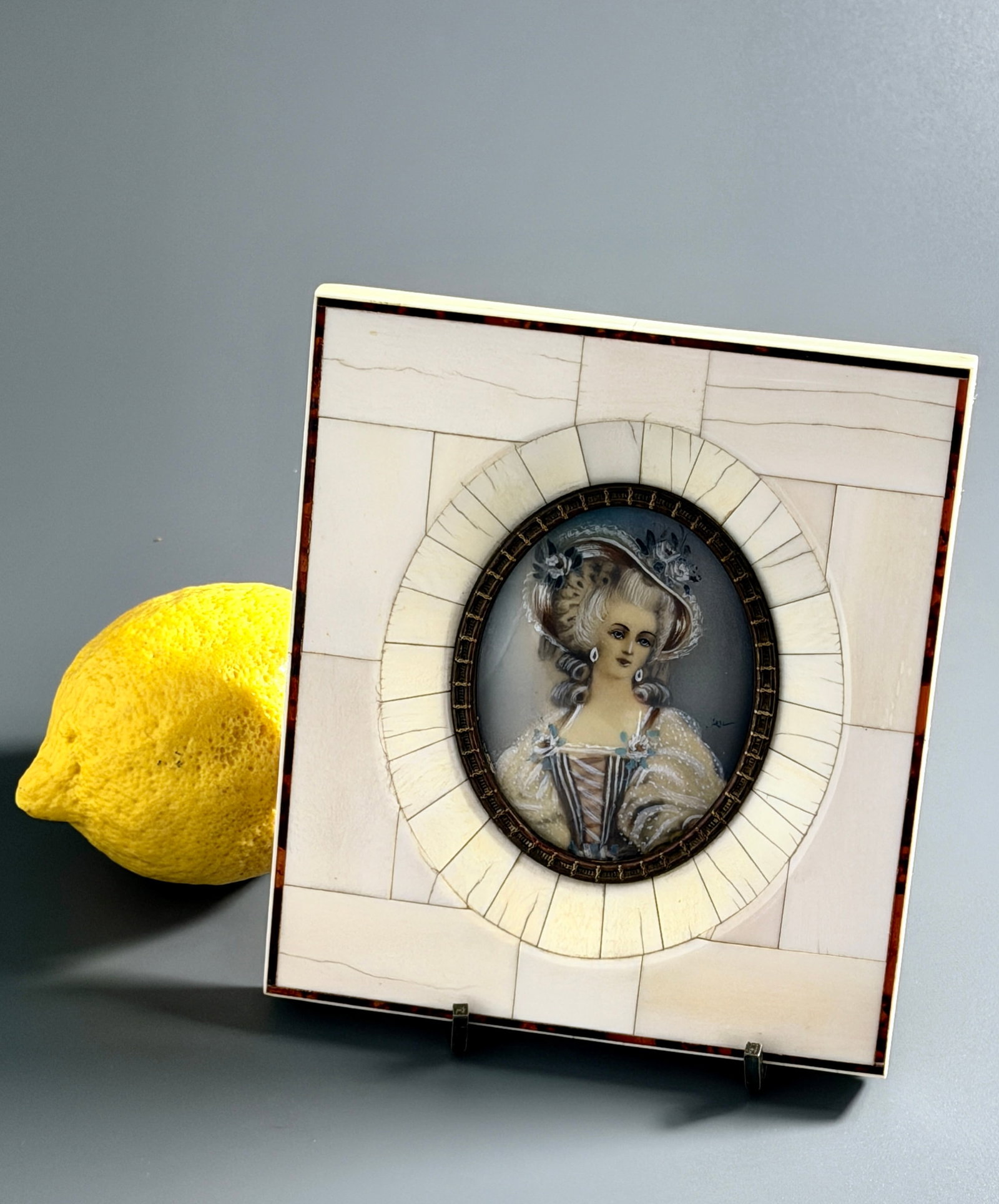 Antique Miniature Portrait Painting French Duchesse Signed Piano Key Frame: The miniature painting measures approximately 2 7/8 x 2 1/4 inches, approximately 5 5/8 x 4 7/8 inches framed.