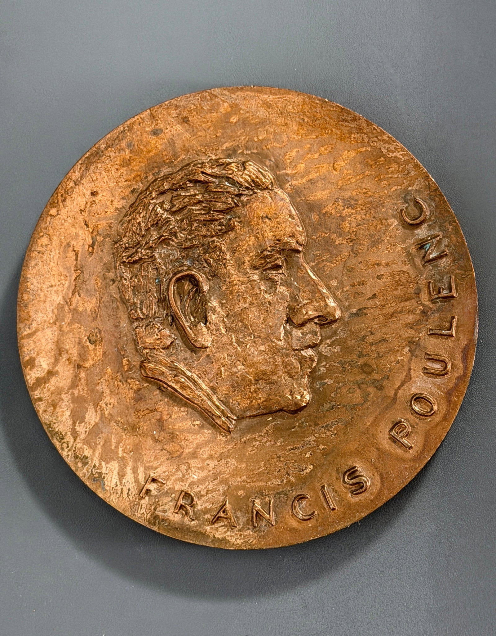 Vintage Francis Poulenc French Composer Bronze Art Medal Paris Mint Modern Avant-Garde Music: Approximately 2 11/16 inches in diameter.