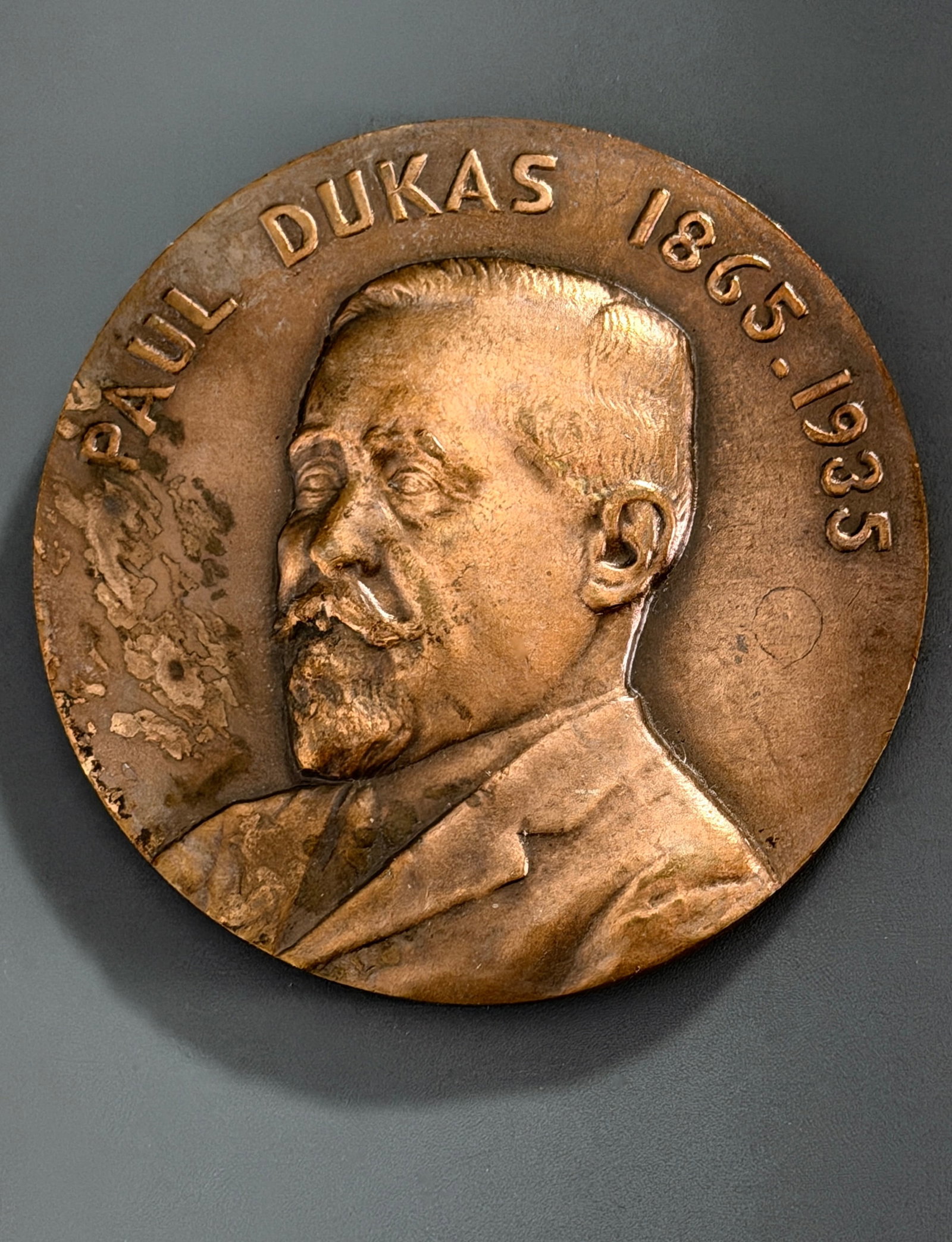 Vintage Paul Dukas French Composer Bronze Art Medal Paris Mint Sorcerers Apprentice: Approximately 2 3/4 inches in diameter.