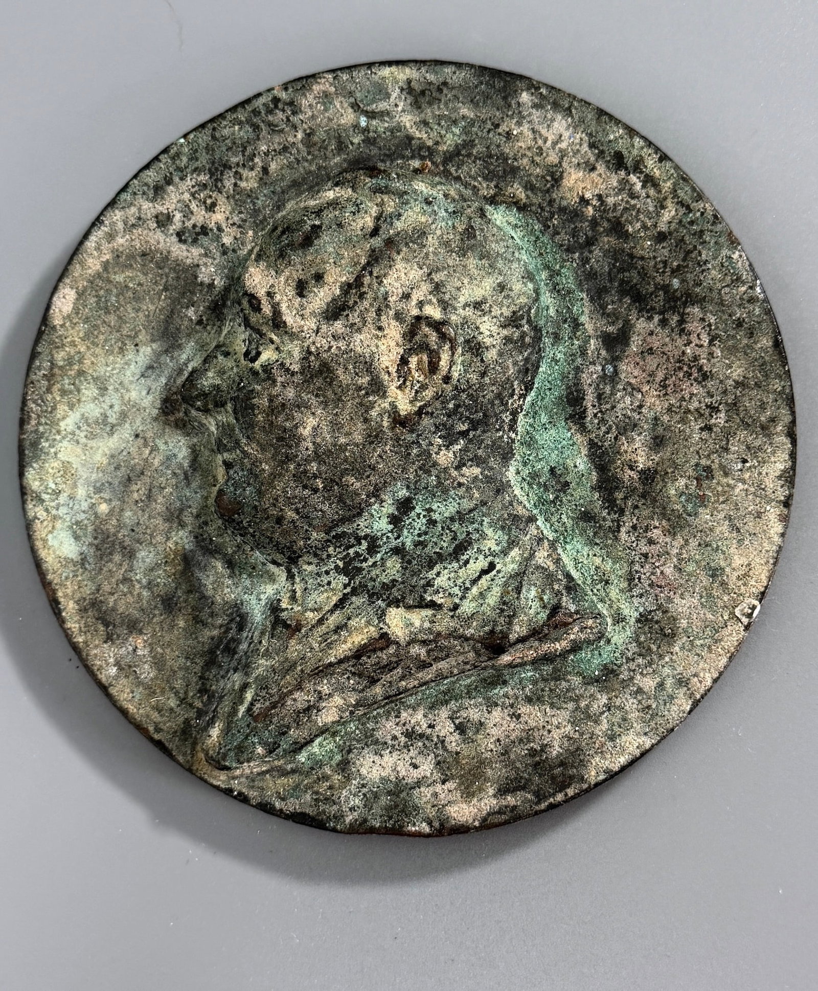 Antique Vintage Bronze Unidentified Portrait Relief Medal Plaquette Man Profile Relic Verdigris (1 of 3)