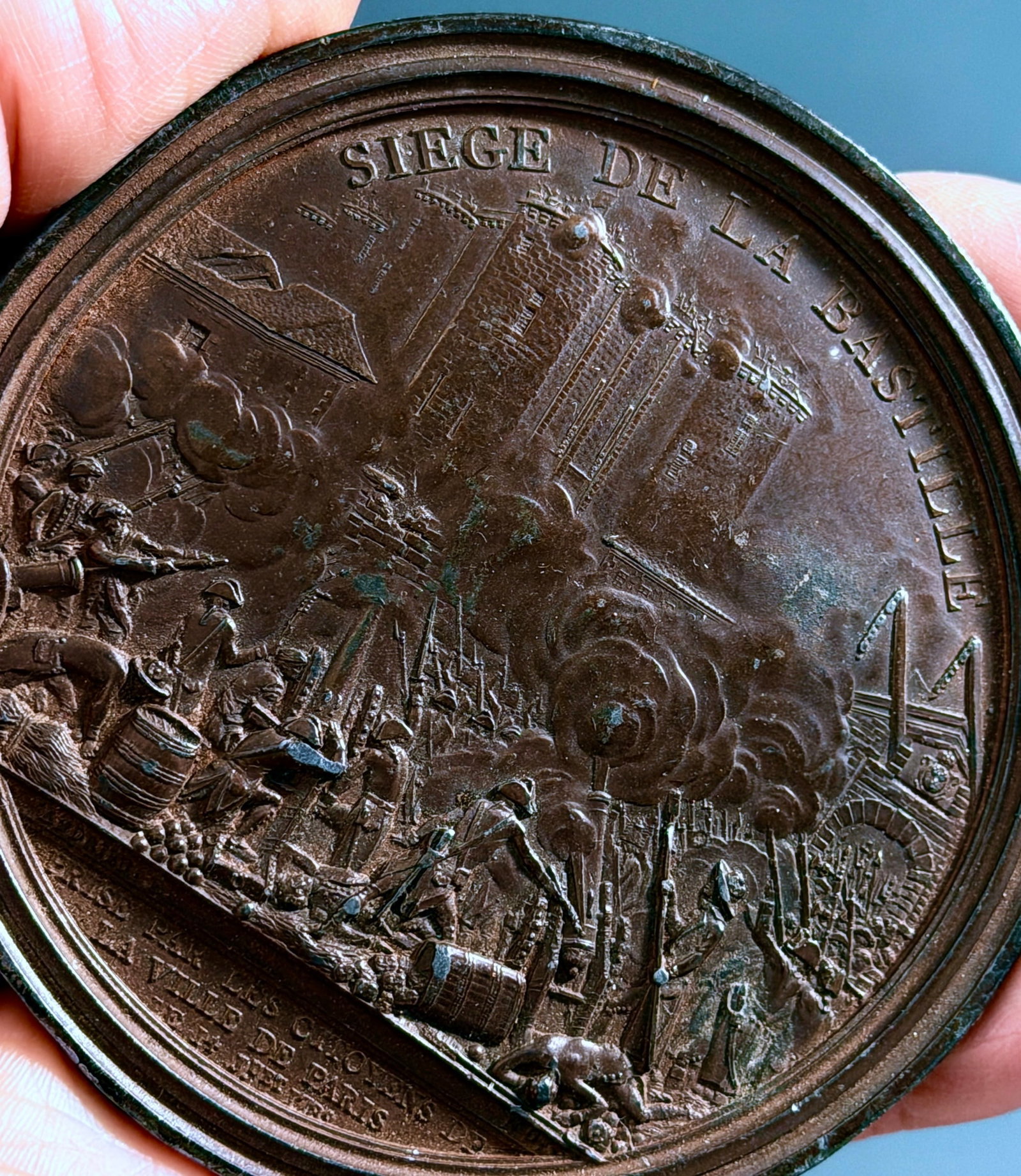 Antique 1789 French Revolution Storming Bastille Medal Andrieu Lead Tin Cliche 85mm Jean-Bertrand: Antique 1789 French Revolution Storming Bastille Medal Andrieu Lead Tin Cliche 85mm Jean-Bertrand Andrieu Engraver French Revolution Bastille Day Plaquette Approximately 1 1/2 inches in diameter.