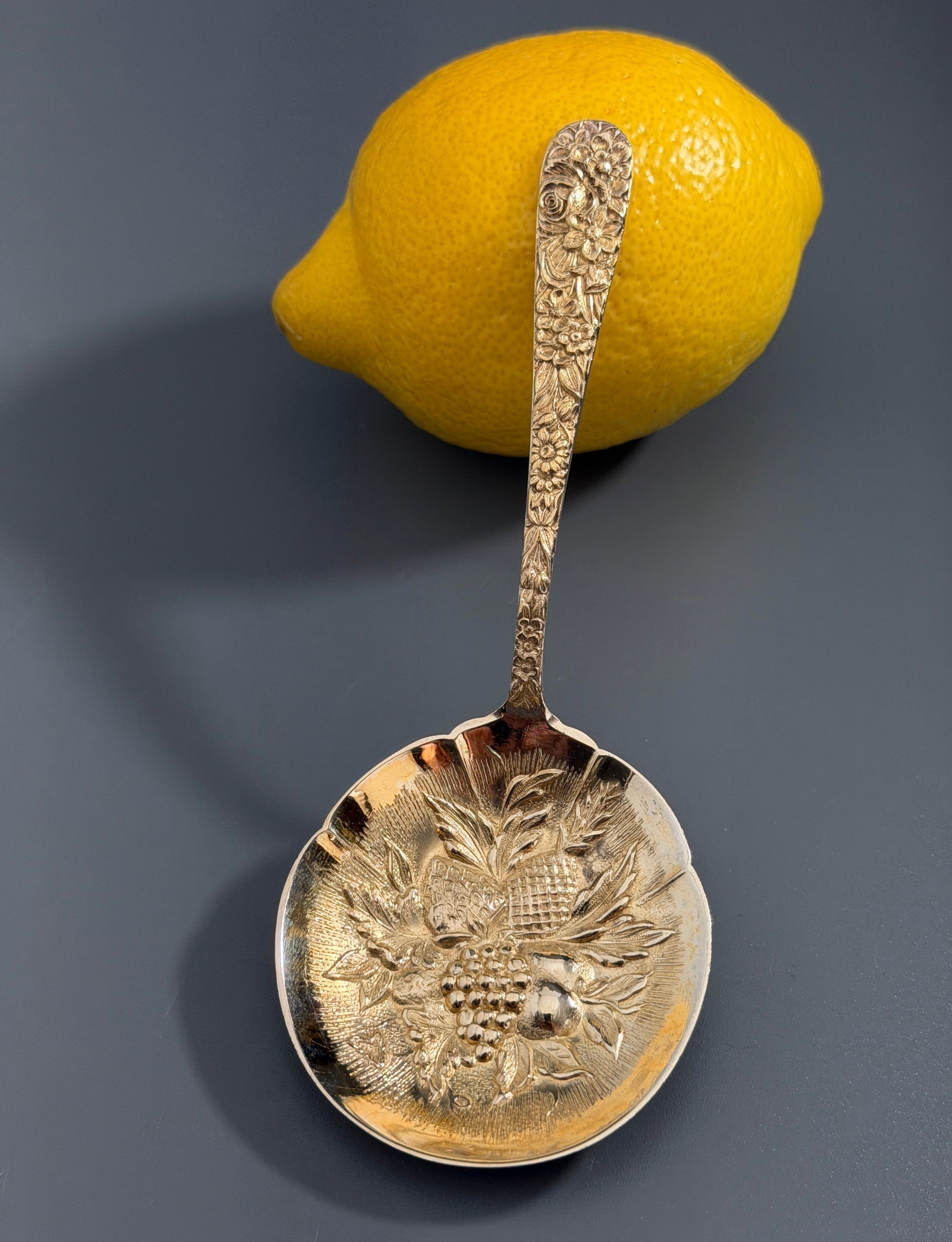 S Kirk & Son Sterling Silver Bon Bon Spoon Repousse Fruit Bowl Berry Spoon Gold Wash Vermeil Antique (1 of 6)