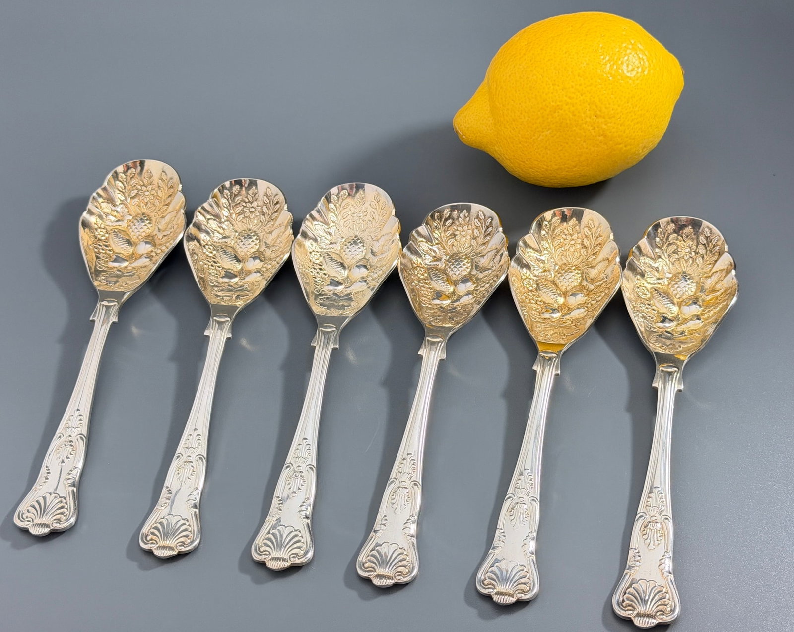 Antique British EPNS Sheffield England Fruit Spoons Repousse Berry Spoon Set of 6 Gold Wash Vermeil: Antique British EPNS Sheffield England Fruit Spoons Repousse Berry Spoon Set of 6 Gold Wash Vermeil Bowls Silver Plated Confectionery Dessert Spoons Kings Pattern Variant Handles Approximately 1 1/2 x