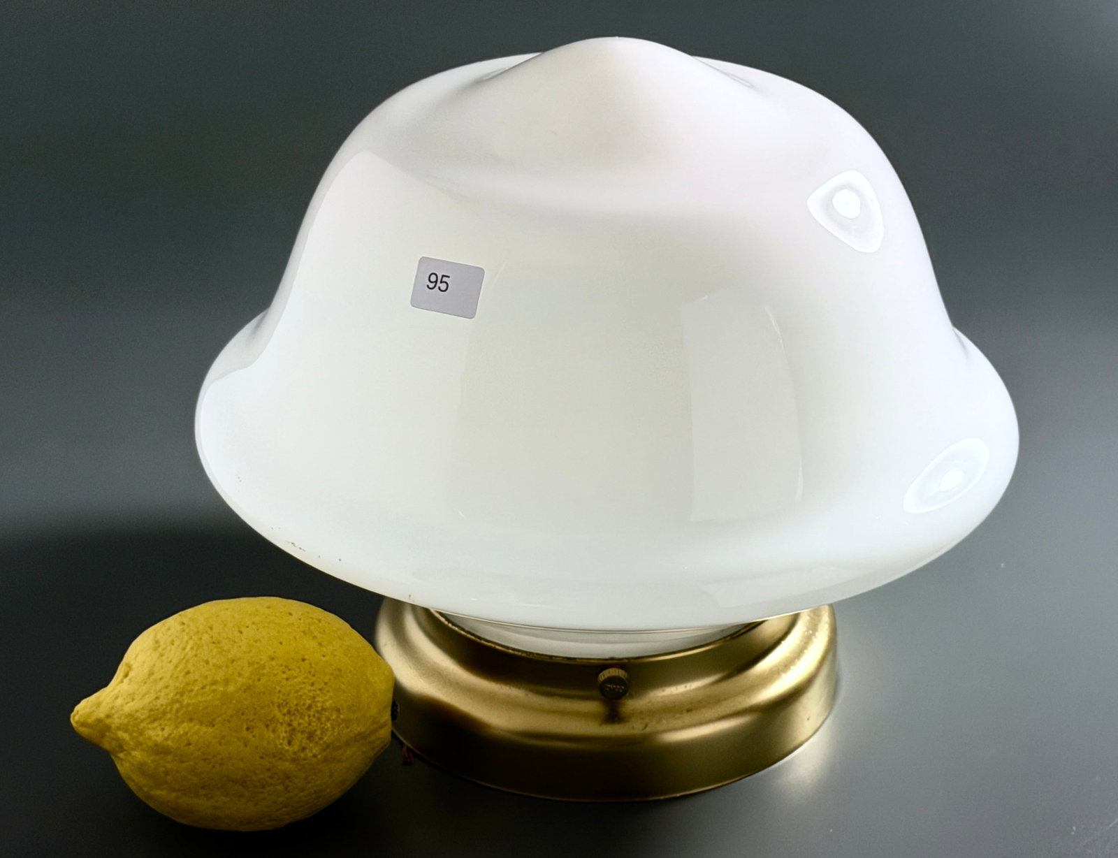 Mid Century White Milk Glass Mushroom Lamp Shade Art Deco Ceiling Fixture: Vintage Mid Century White Milk Glass Mushroom Lamp Shade Art Deco Ceiling Fixture Measures approximately 7 1/2 x 8 1/2 inches in diameter overall, mounted on an 5 1/4 inch diameter mounting plate.