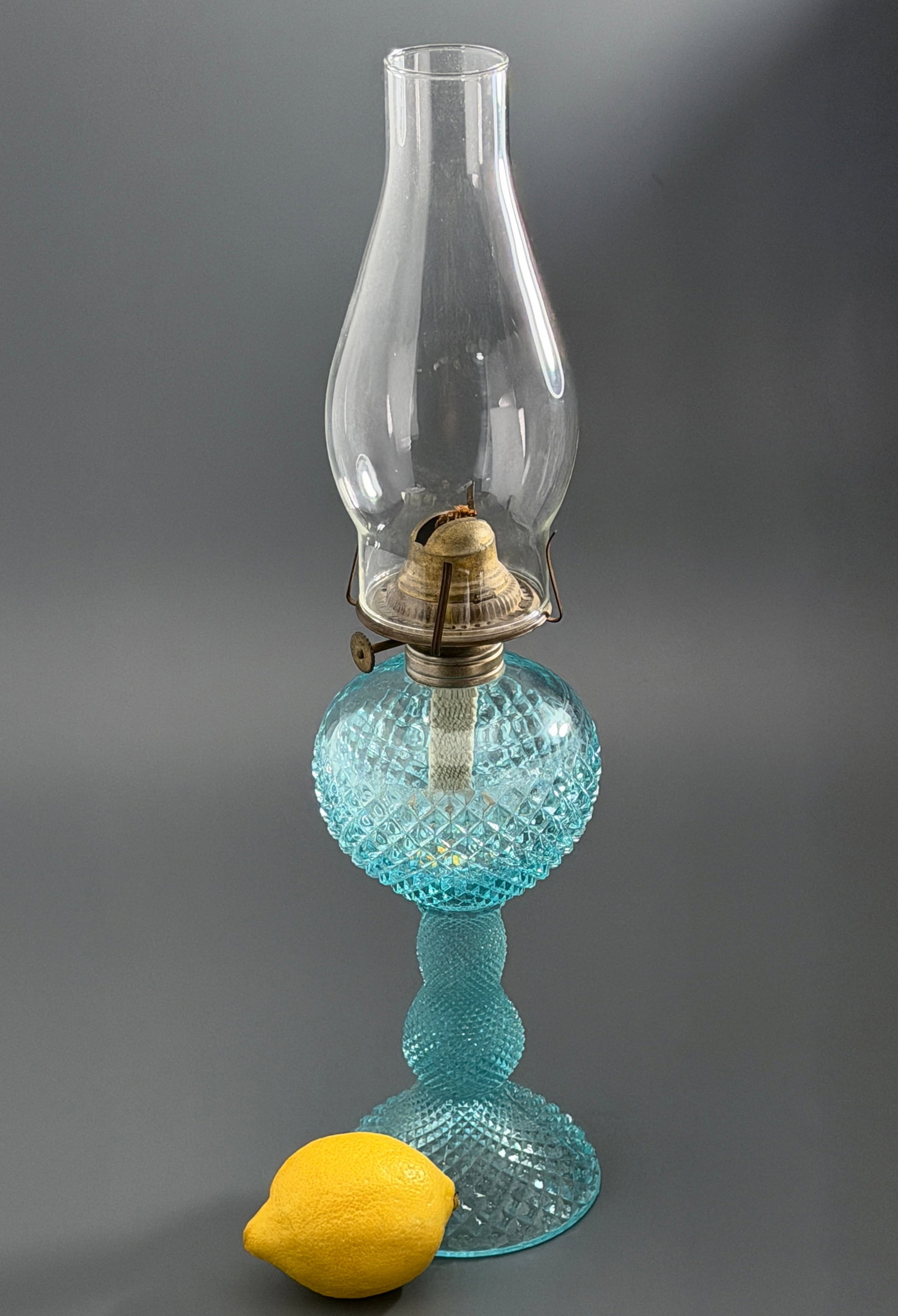 Antique Blue EAPG Diamond Point Kerosene Oil Lamp With Glass Chimney (1 of 6)