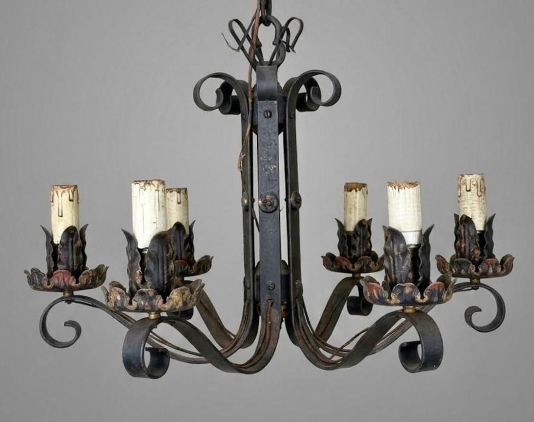 Spanish Gothic Wrought Iron Chandelier Historic Californian Mission Art Deco Period Antique Five (1 of 8)
