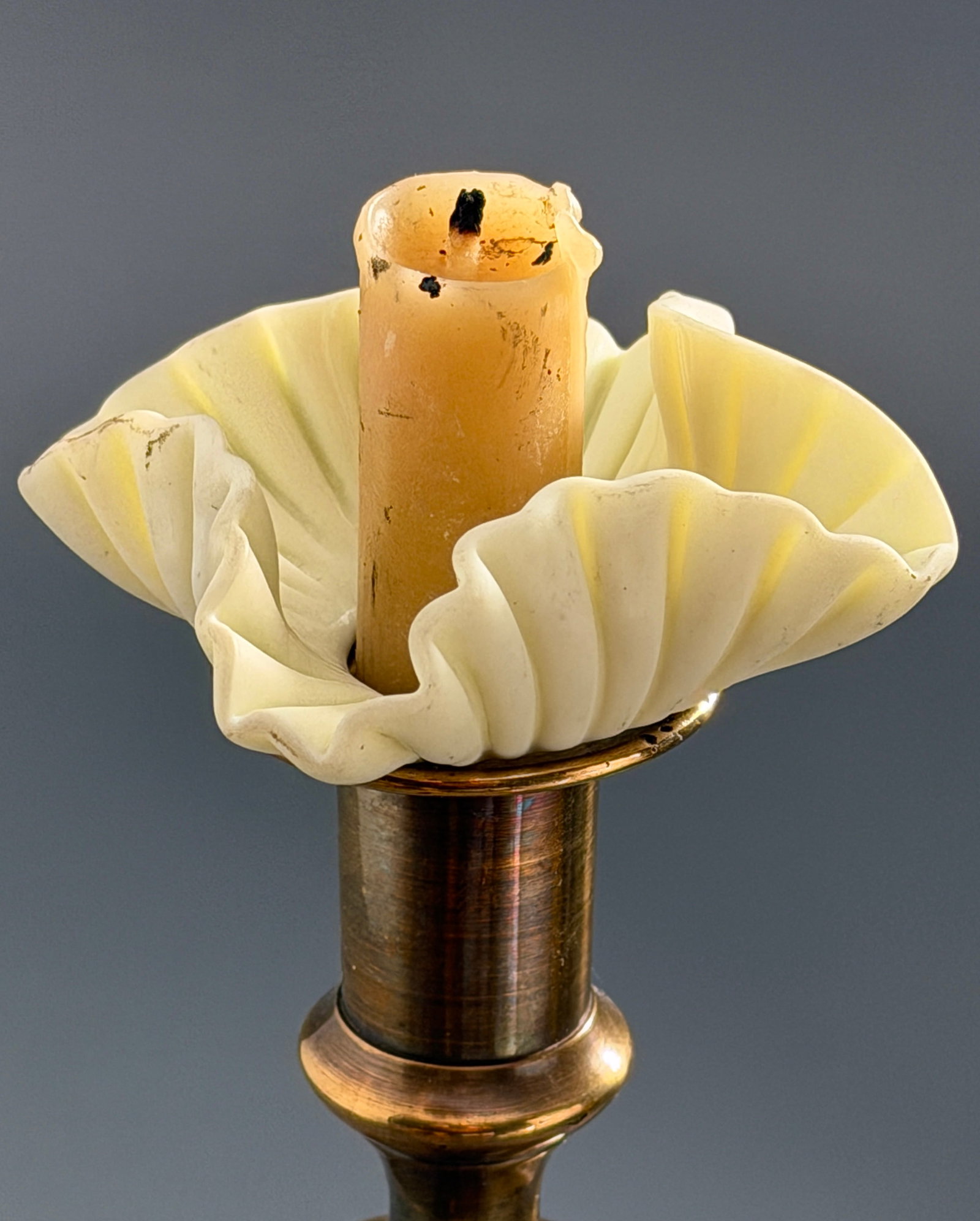 Antique Custard Glass Bobeche Single Deep Ruffled Square Design Vaseline Uranium Glass Candle Drip (1 of 5)