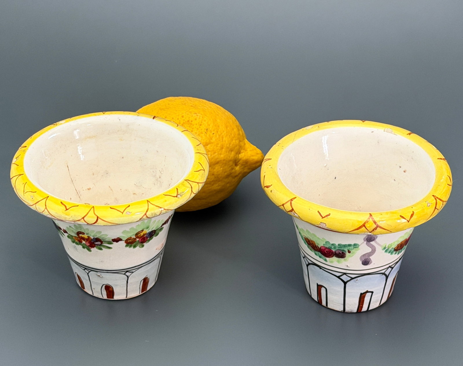 Vintage Italian Majolica Tin Glazed Ceramic Flower Pot Cachepot Planter Pair Italy Artisan: Vintage Italian Majolica Tin Glazed Ceramic Flower Pot Cachepot Planter Pair Italy Artisan Handcrafted Hand Painted Approximately 2 7/8 inches tall x i3 1/2 nches in diameter.
