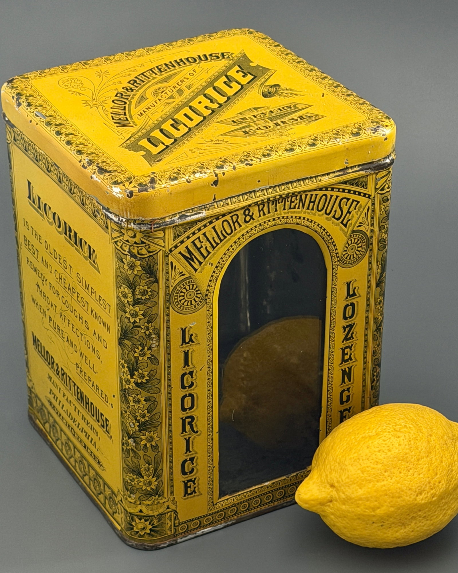 Antique Mellor & Rittenhouse Licorice Lozenges Tin Arched Glass Front Philadelphia Vintage 1800s 5lb (1 of 8)