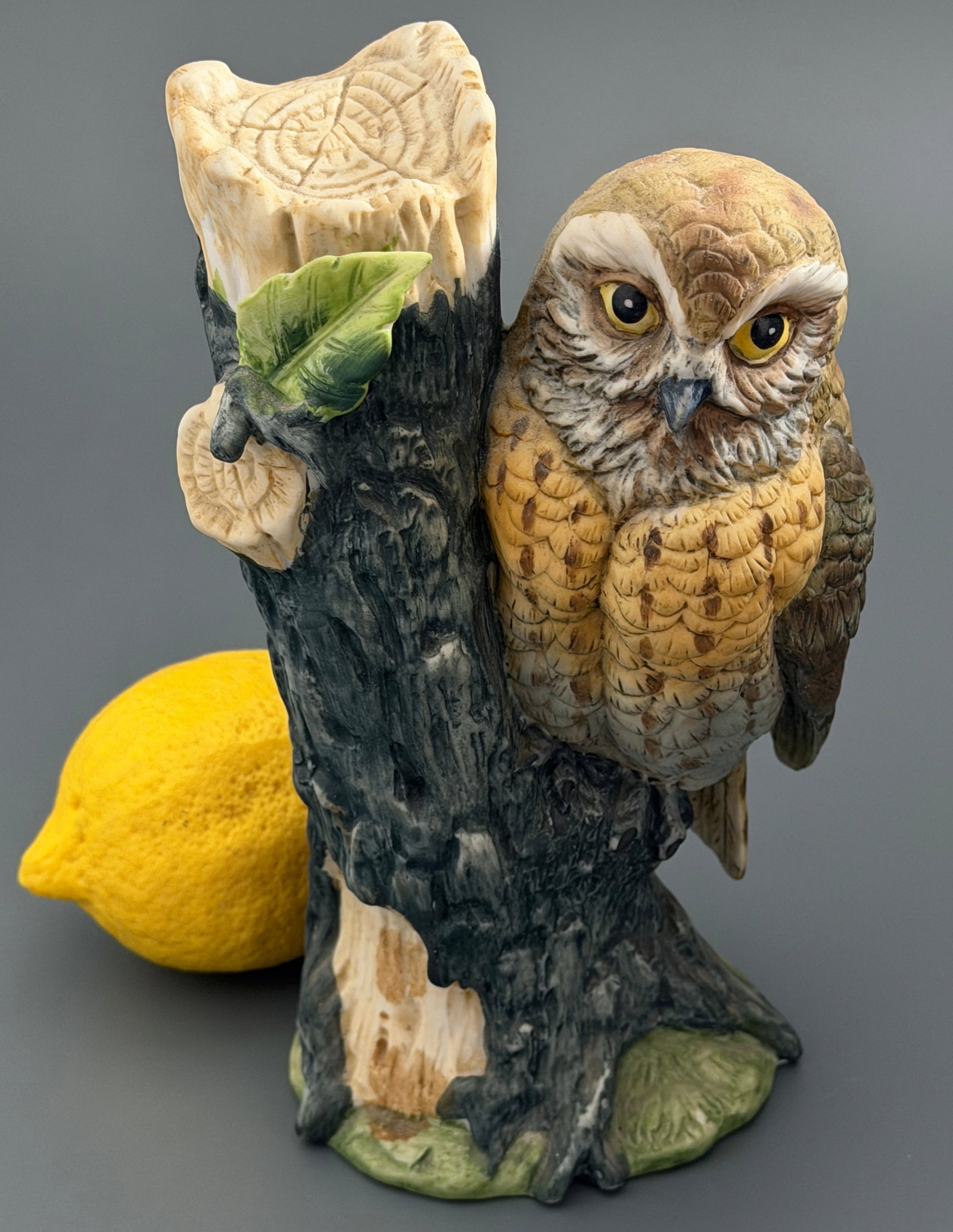 Vintage Hand Painted Porcelain Owl Figurine Perched on Tree Trunk Bisque Ceramic Bird Sculpture Made (1 of 7)