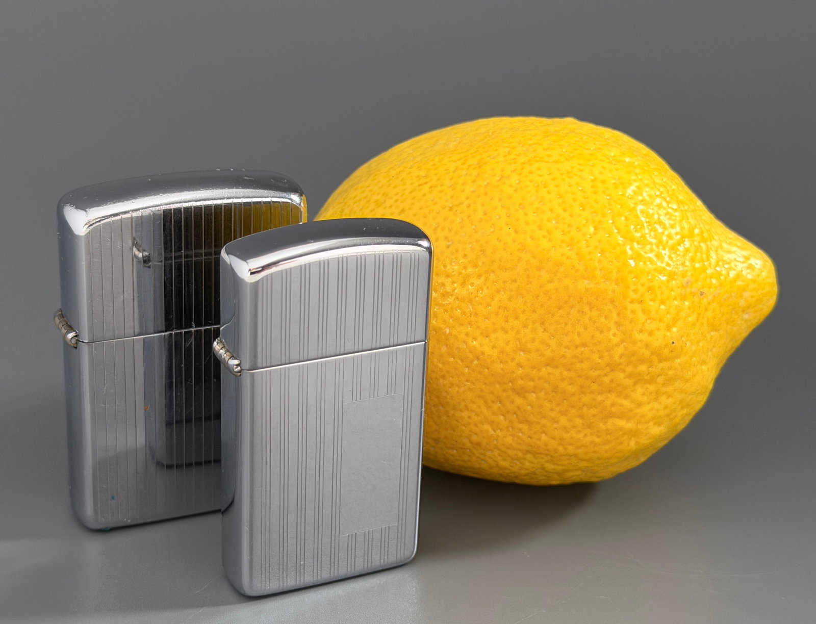 Vintage Zippo Engine Turned High Polish Chrome Lighter Slim & Regular Set 2 Pcs Classic American: Vintage Zippo Engine Turned High Polish Chrome Lighter Slim & Regular Set 2 Pcs Classic American Tobaccoriana Pocket Lighters Approximately 2 1/8 x 1 1/2 x 1/2 inches and 2 3/16 x 1 3/16 x 5/16 inches