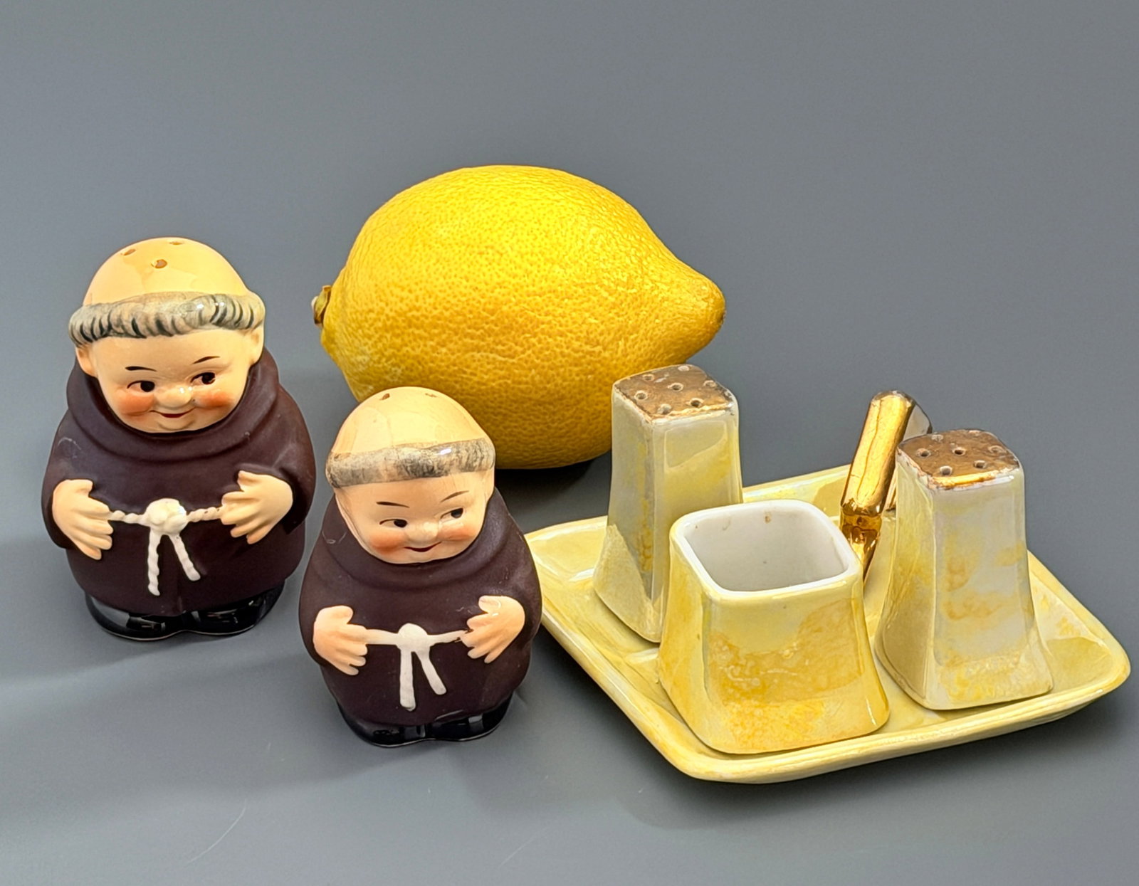 Vintage Goebel Friar Tuck Monk Salt Pepper Shakers West Germany Ceramic Lustreware Condiment Caddy (1 of 6)