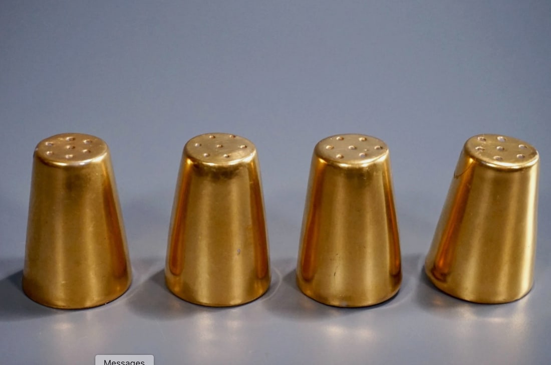 Gold Gilt Porcelain Thimble Salt Shaker Vintage Opulence Set of 4 Ceramic Formal Dining Individual: Gold Gilt Porcelain Thimble Salt Shaker Vintage Opulence Set of 4 Ceramic Formal Dining Individual Shakers Approximately 1 5/8 inches tall.