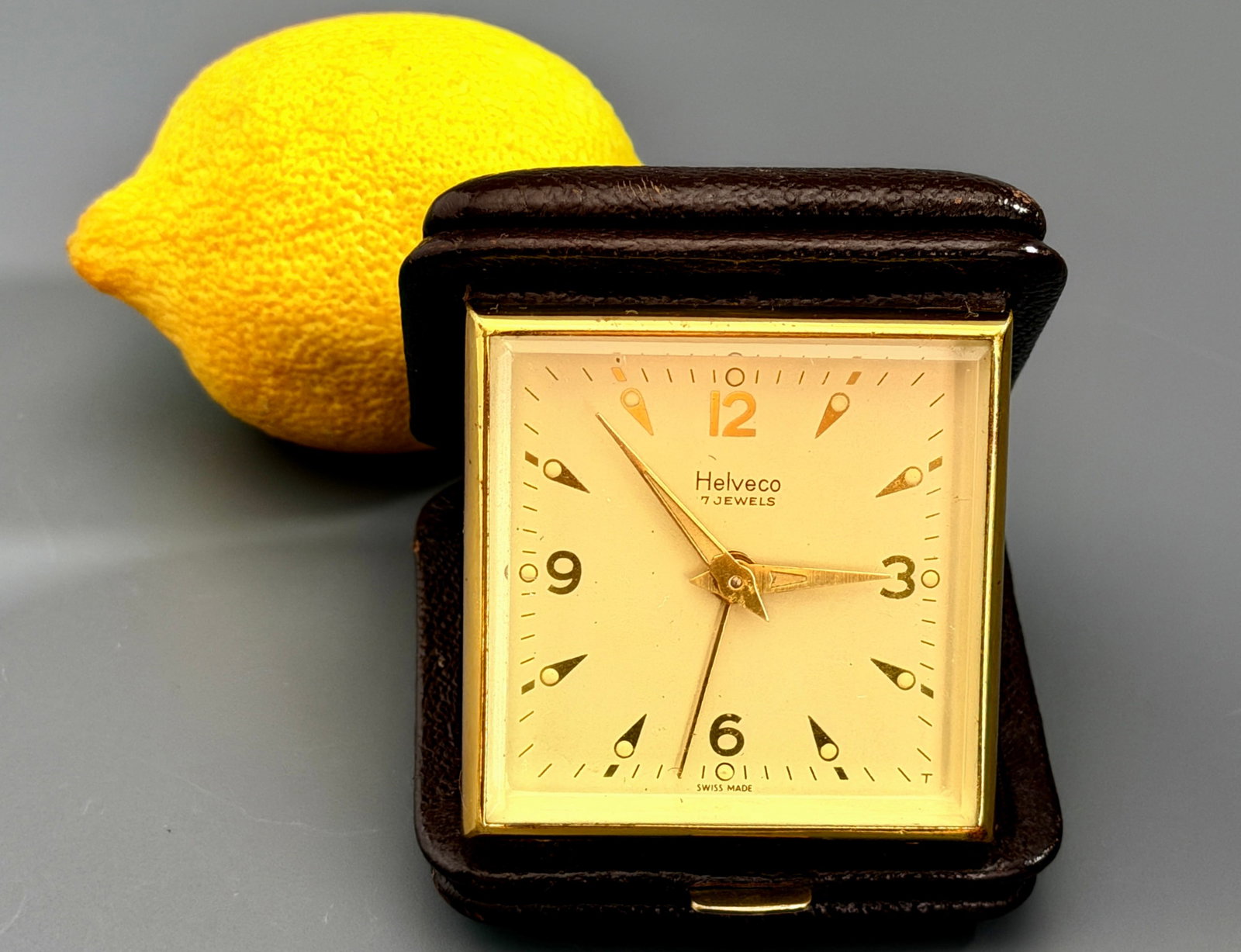 Vintage Helveco 7 Jewels Swiss Made Travel Alarm Clock Genuine Leather Case (1 of 9)