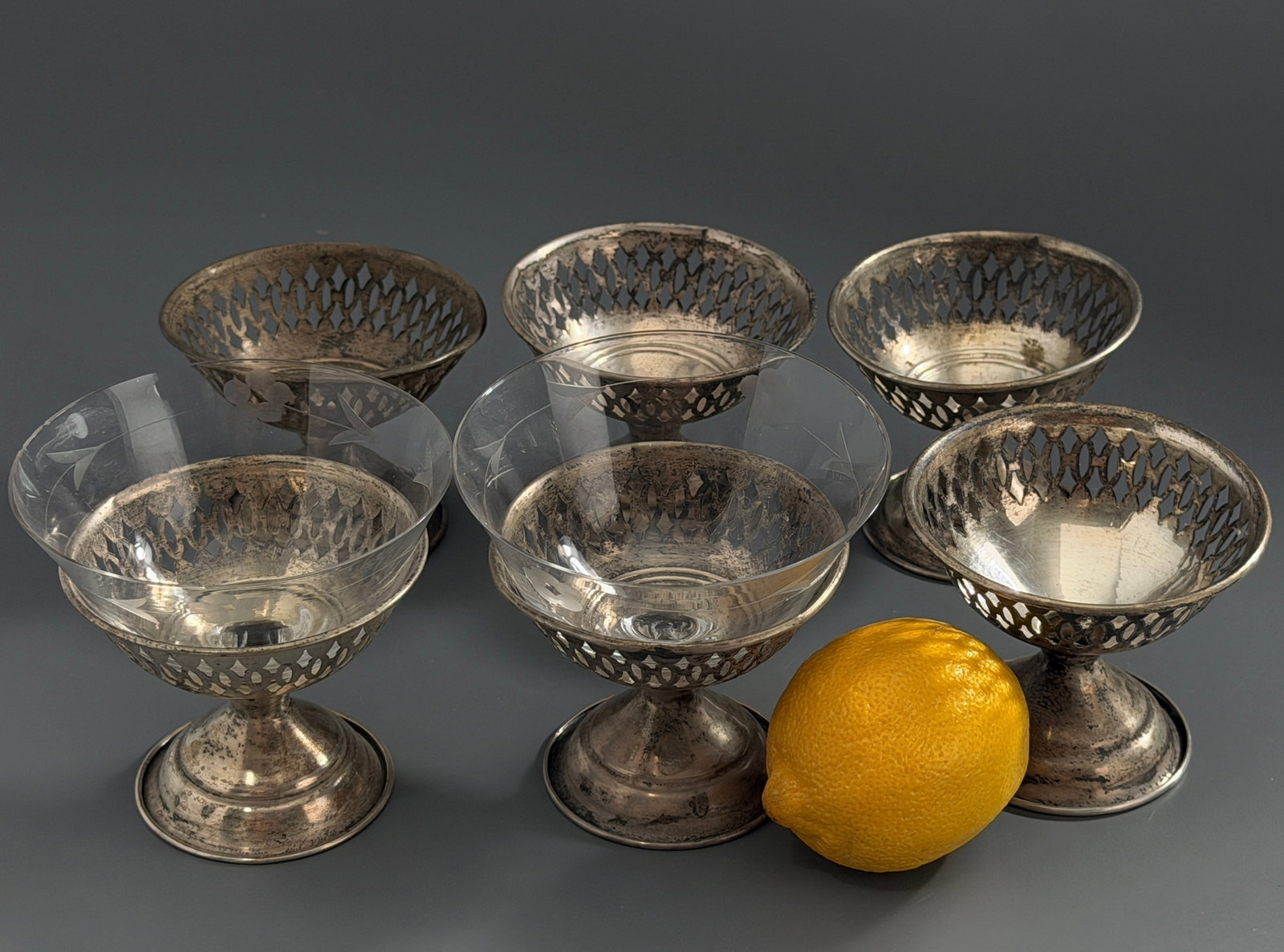 Vintage Sterling Silver Pierced Lattice Glass Liner Shrimp Cocktail Coupe Set Of 6 All Marked: Vintage Sterling Silver Pierced Lattice Glass Liner Shrimp Cocktail Coupe Set Of 6 All Marked STERLING Underside Of The Silver Pedestals Approximately 100 Grams Combined Pure 925 Sterling Silver Weigh